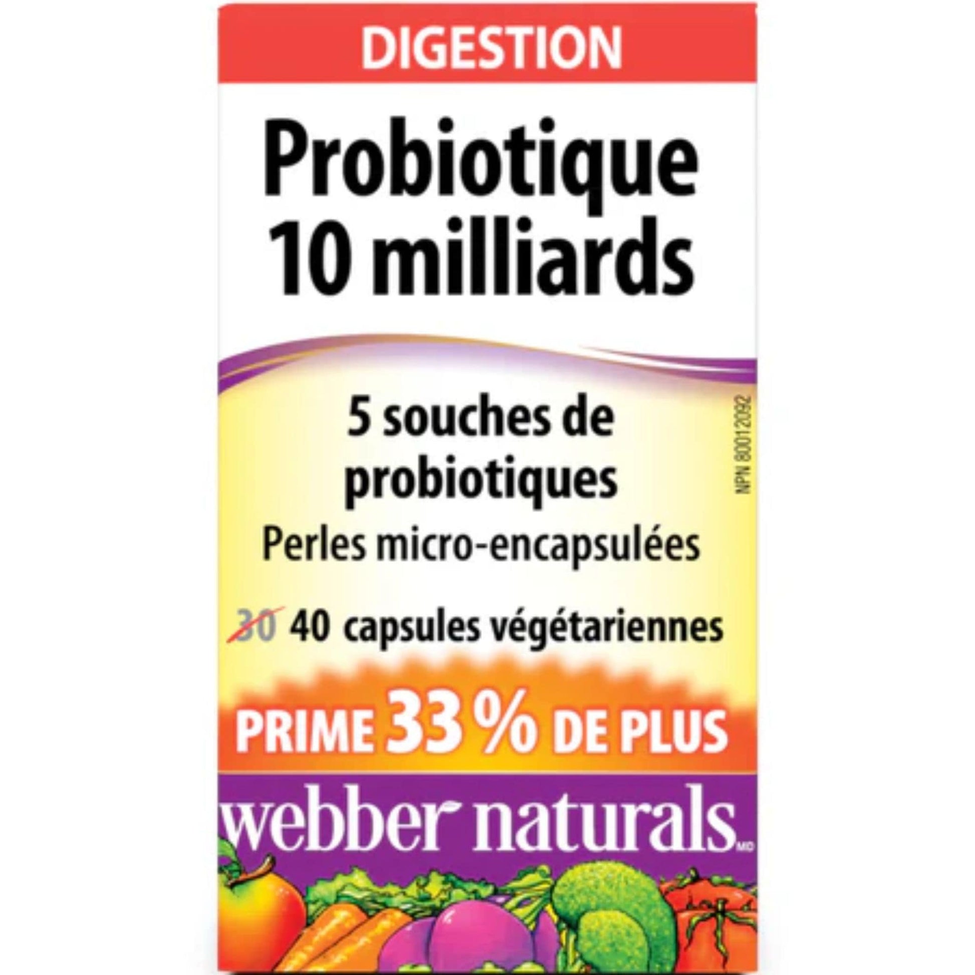 40 Vegetarian Capsules | Webber Naturals Probiotic 10 Billion, 5 Probiotic Strains // French Bottle