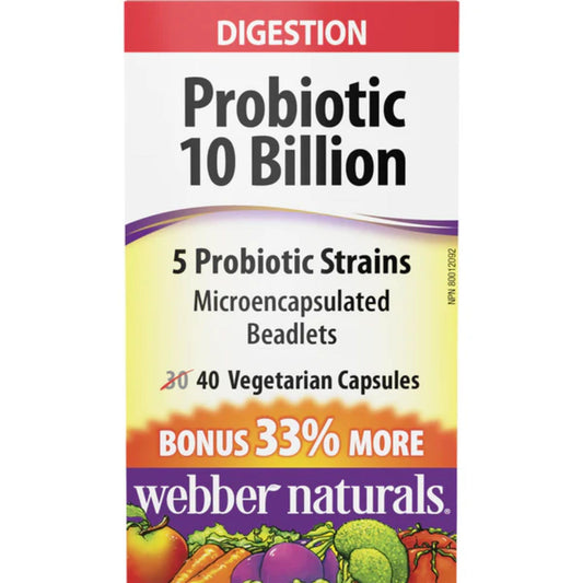 40 Vegetarian Capsules | Webber Naturals Probiotic 10 Billion, 5 Probiotic Strains