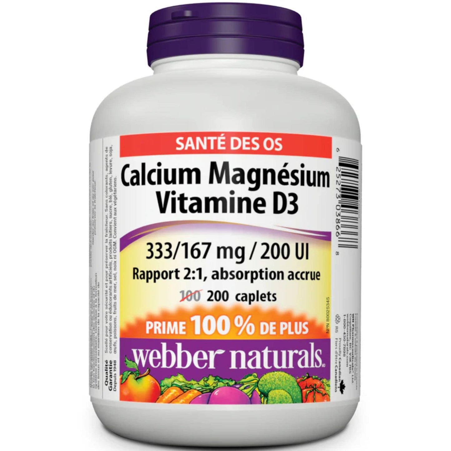 200 Caplets | Webber Naturals Calcium Magnesium Vitamin D3 333/167mg/200IU // French Bottle