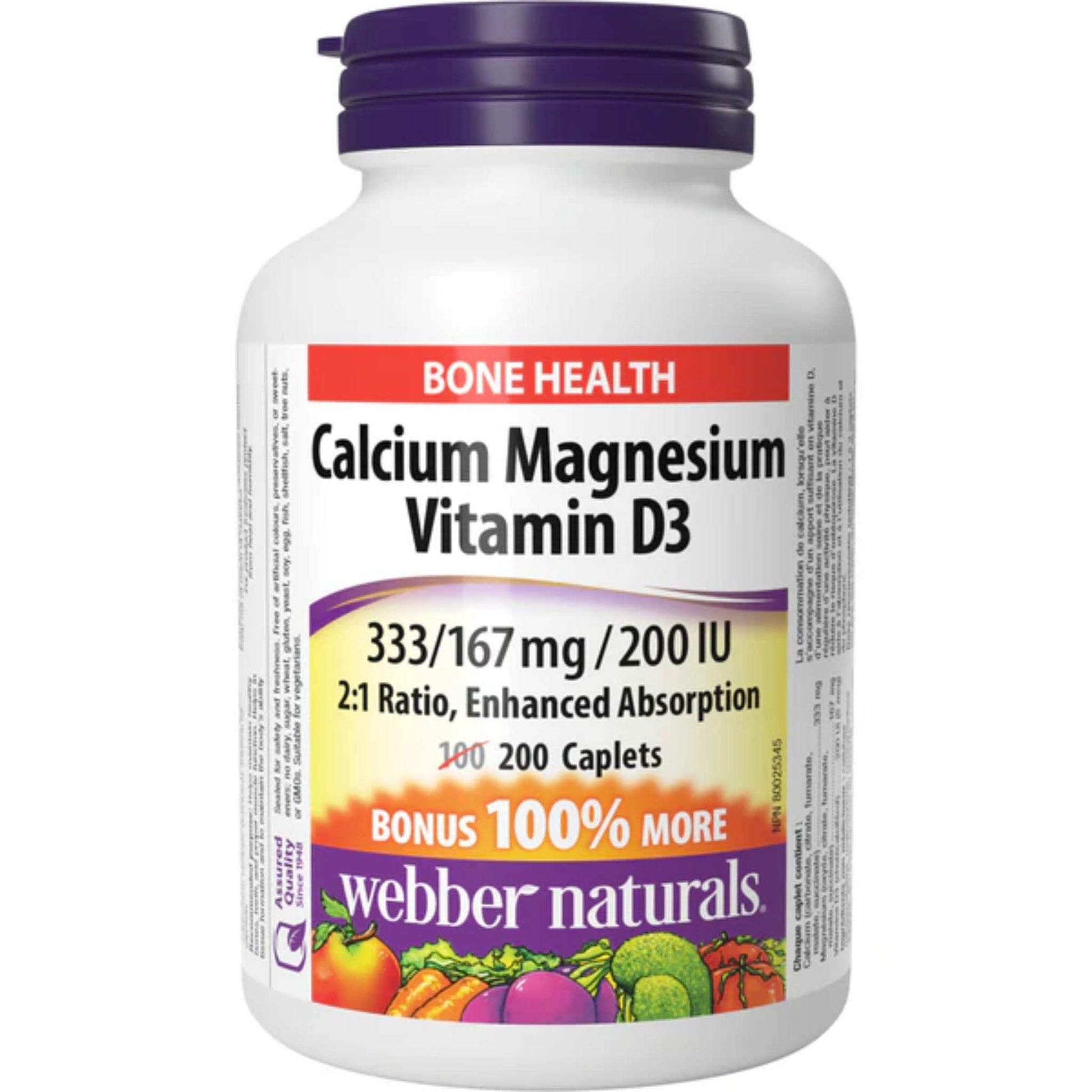 200 Caplets | Webber Naturals Calcium Magnesium Vitamin D3 333/167mg/200IU