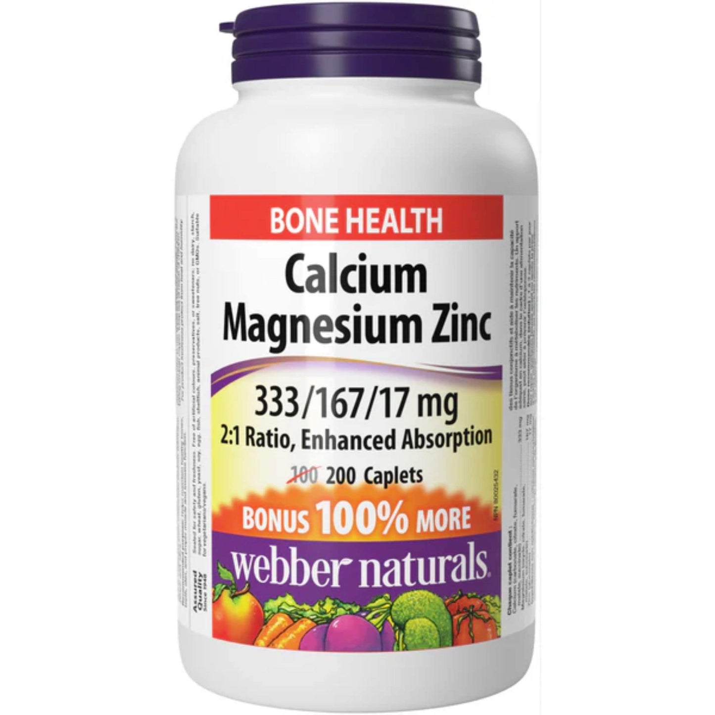 200 Caplets | Webber Naturals Calcium Magnesium Zinc 333/167/17mg 2:1 Ratio, Enhanced Absorption