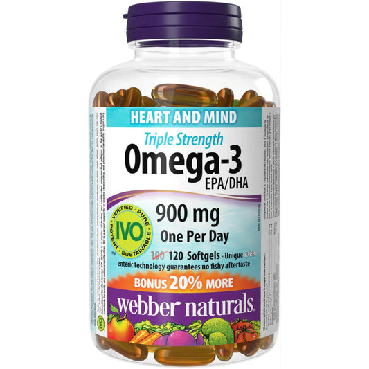 120 Clear Enteric Softgels | Webber Naturals Omega-3 EPA/DHA 900mg Triple Strength