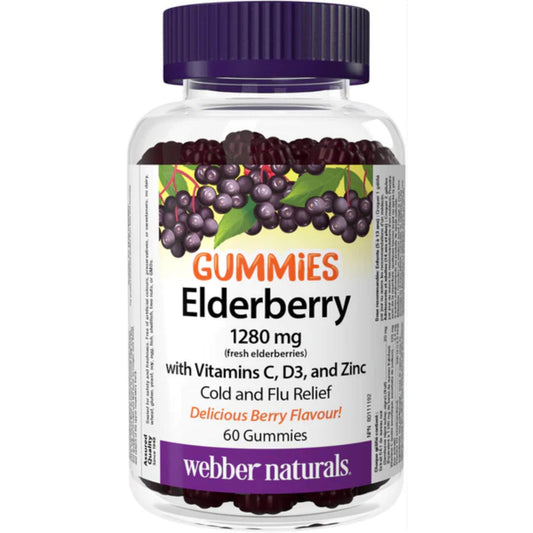 ElderBerry 60 Gummies | Webber Naturals Gummies Elderberry 1280mg with Vitamins C, D3 and Zinc // elderberry flavour