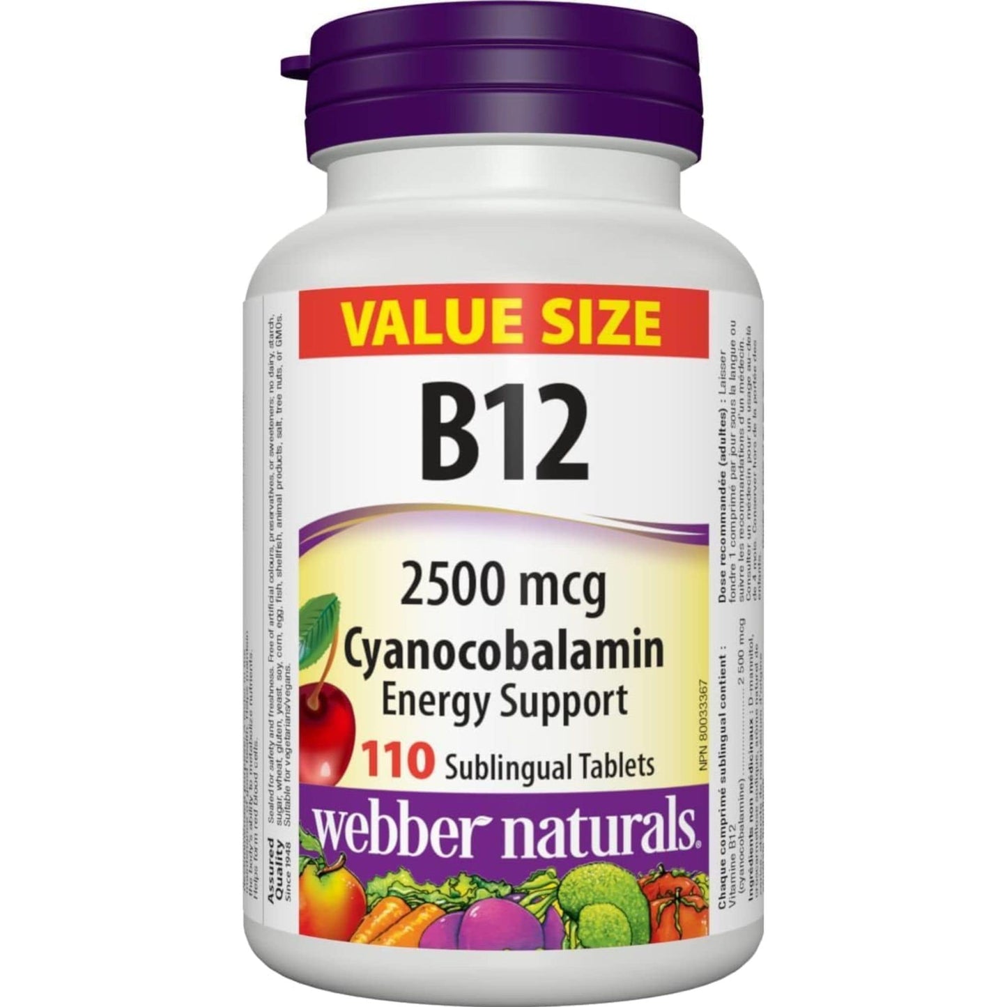 Natural Cherry 110 Sublingual Tablets | Webber Naturals Vitamin B12 2,500 mcg Cyanocobalamin  // natural cherry flavour