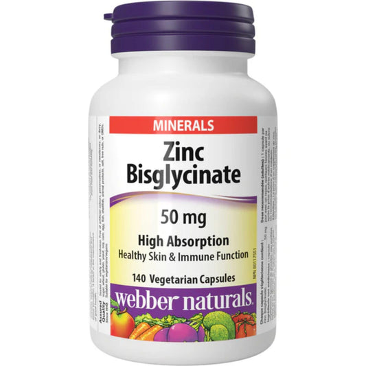 140 Vegetarian Capsules | Webber Naturals Zinc Bisglycinate 50mg High Absorption