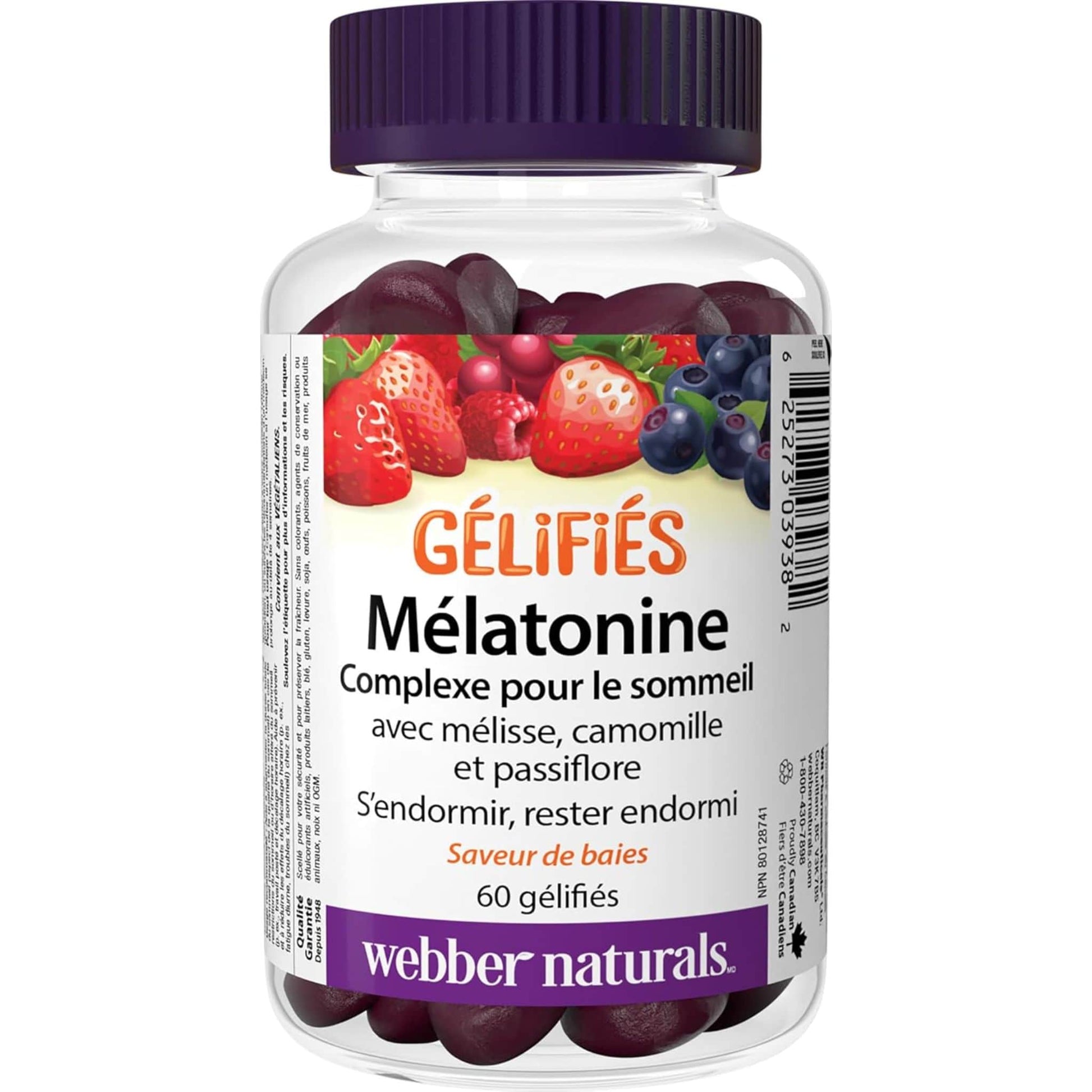 Berry Flavour, 60 Gummies | Webber Naturals Melatonin Sleep Complex Gummies // french bottle