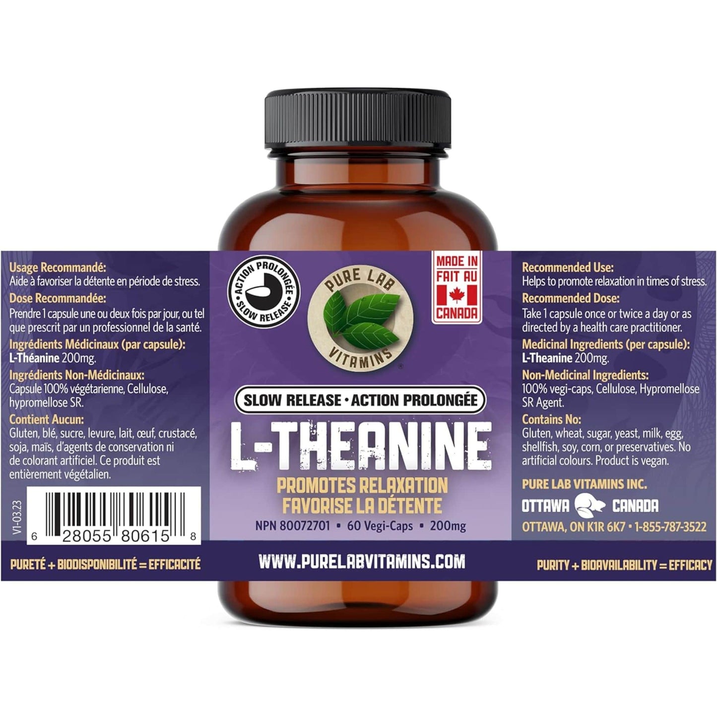 60 Vegetable Capsules | Pure Lab Vitamins L-Theanine 200 MG Slow Release