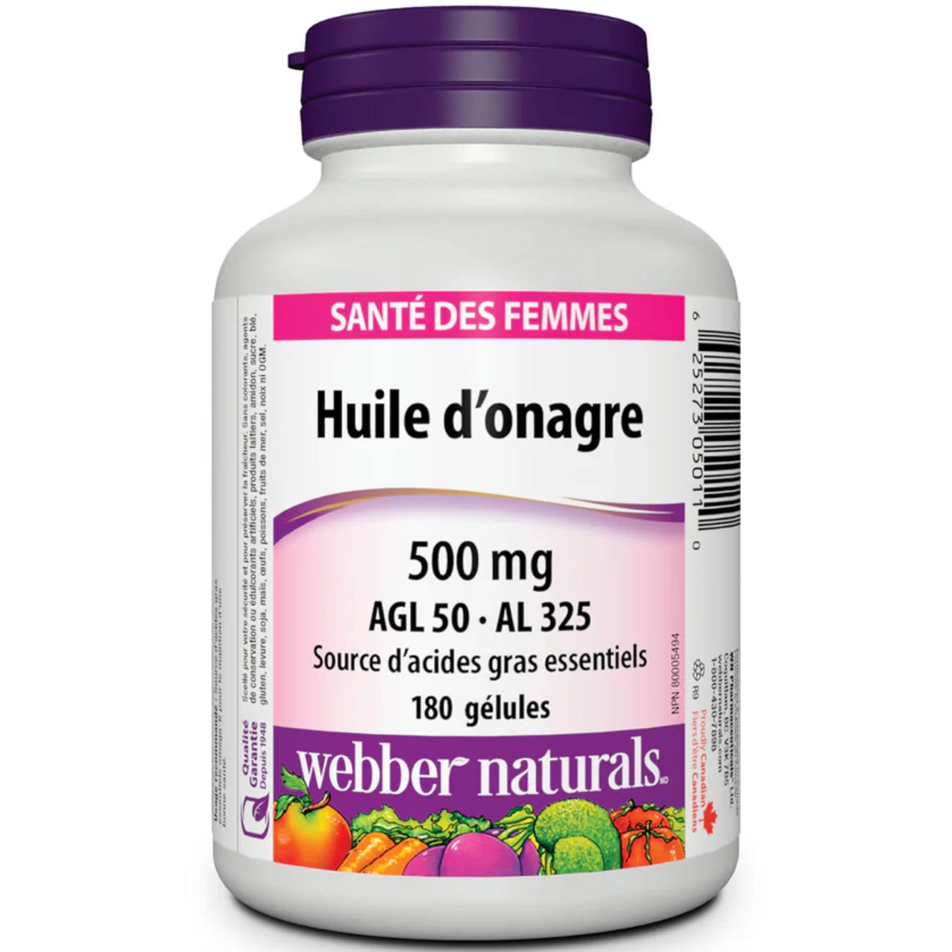 180 Softgels | Webber Naturals Evening Primrose Oil 500mg GLA 50-LA 325 // French Bottle