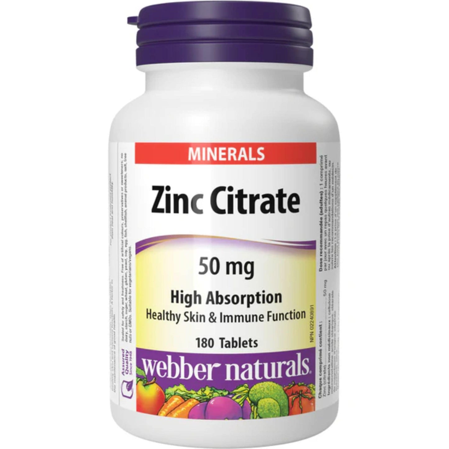 180 Tablets | Webber Naturals Zinc Citrate 50mg High Absorption