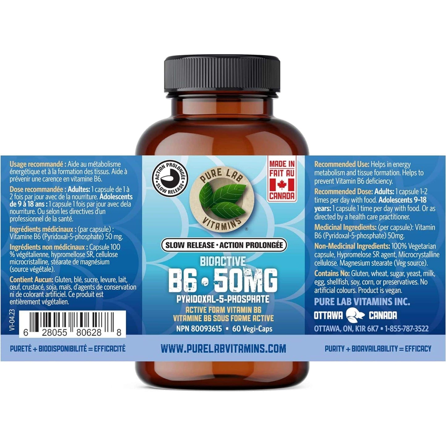 60 Vegetable Capsules | Pure Lab Vitamins Bioactive B6 50 MG Slow Release Pyridoxal-5-Phosphate Nutrition Label