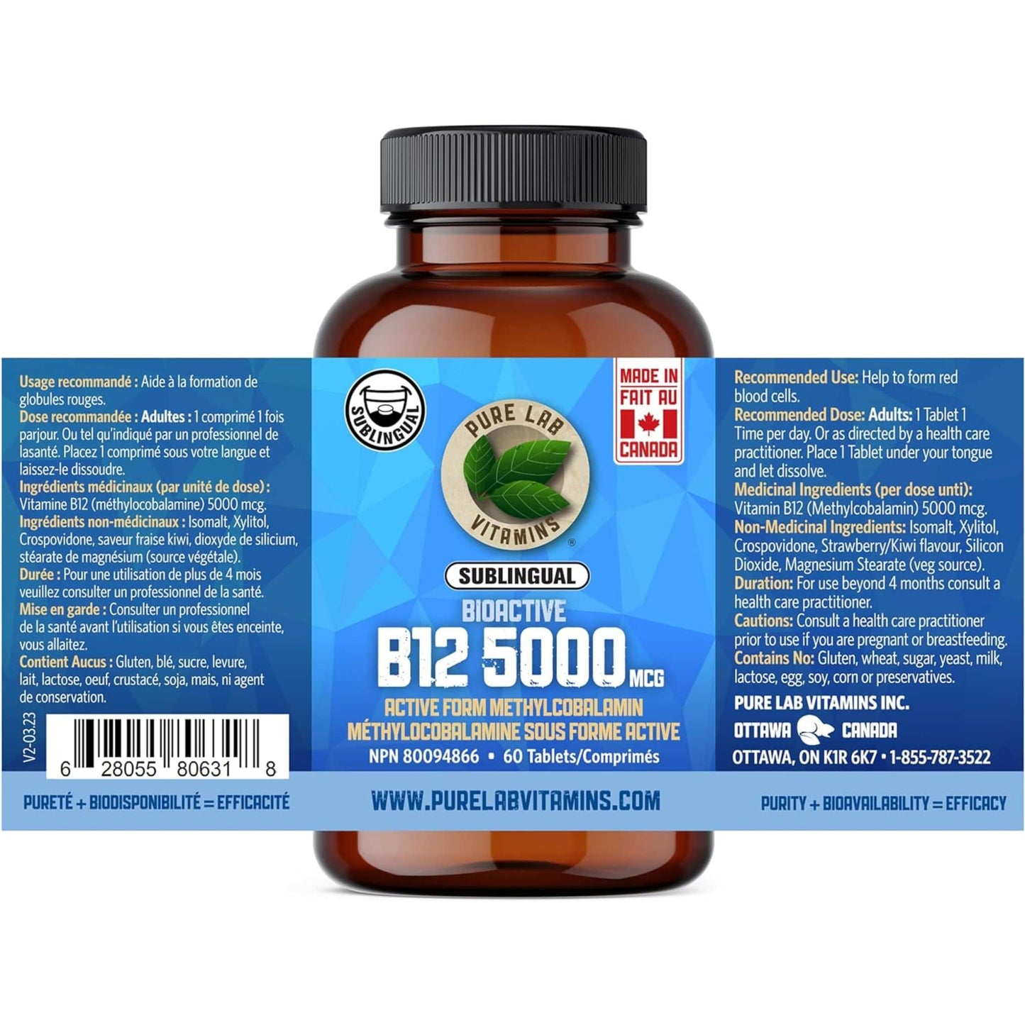 60 Tablets | Pure Lab Vitamins Bioactive B12 5000 MCG Sublingual Nutrition Label