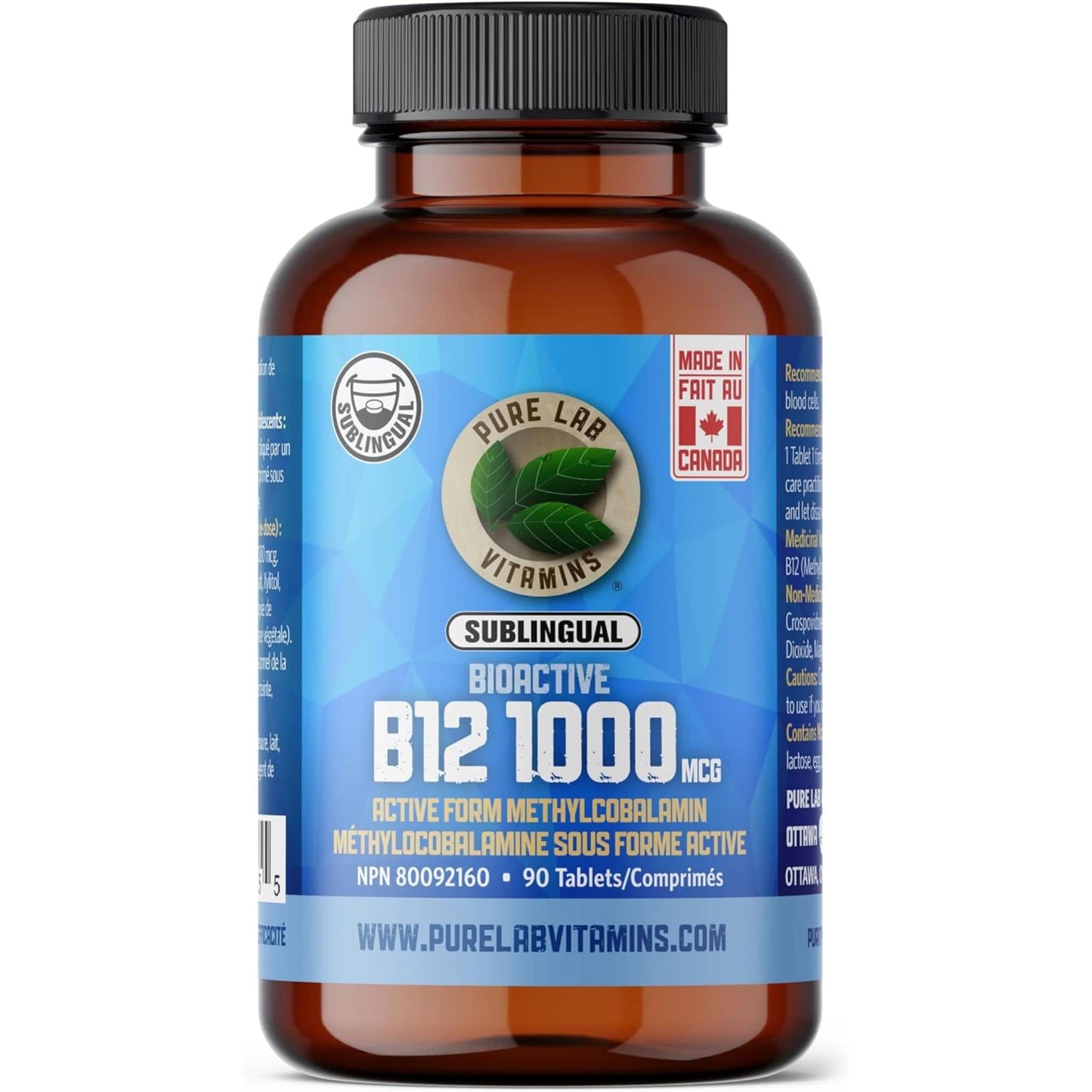 90 Tablets | Pure Lab Vitamins Bioactive B12 1000 MCG Sublingual