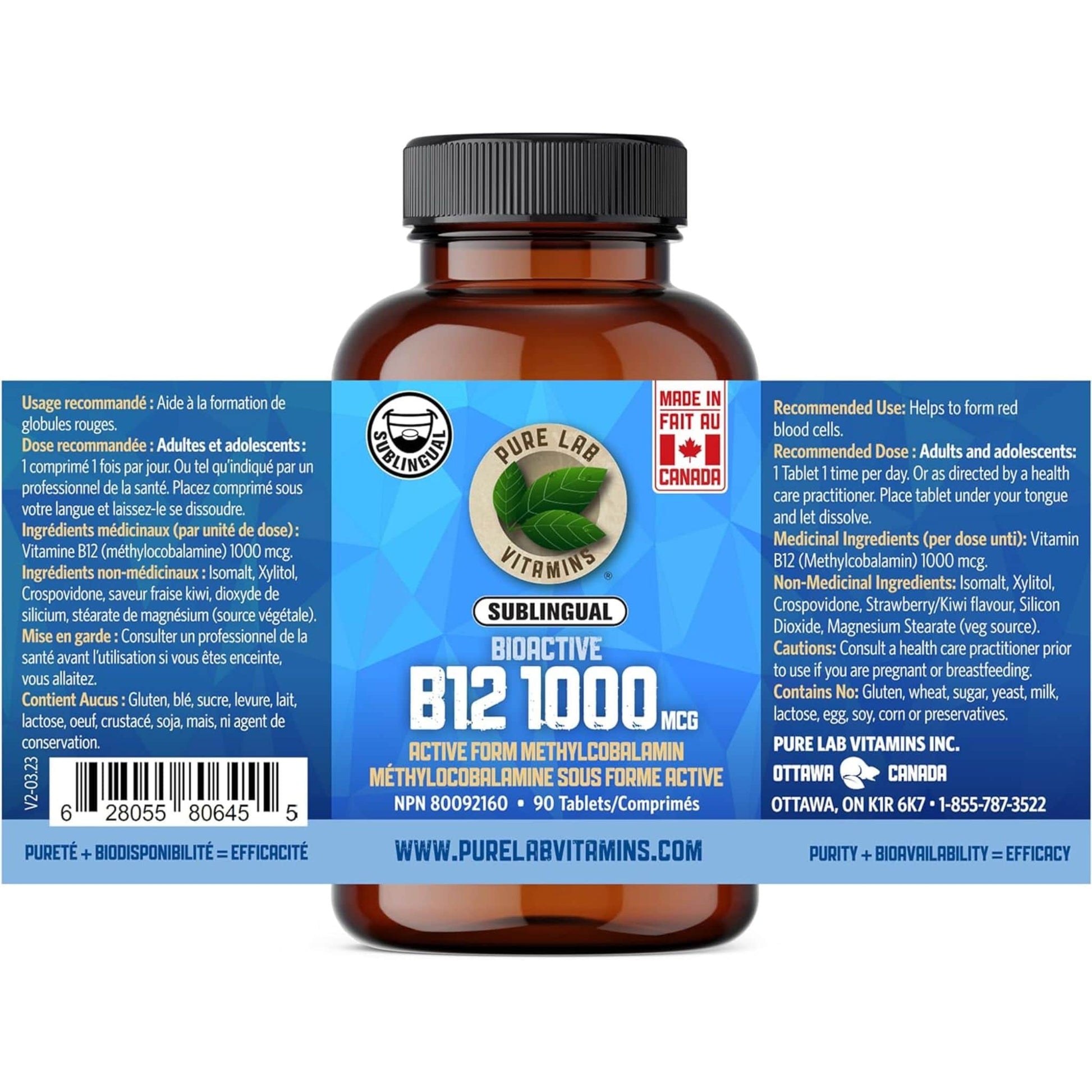 90 Tablets | Pure Lab Vitamins Bioactive B12 1000 MCG Sublingual Nutrition Label