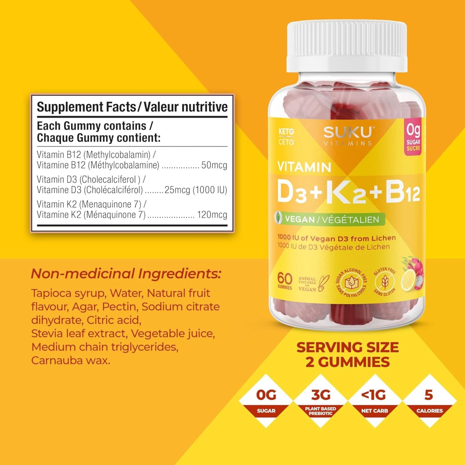 60 Gummies Dragonfruit and Lemon | SUKU Vitamins Vitamin D3 Plus K2 Plus B12