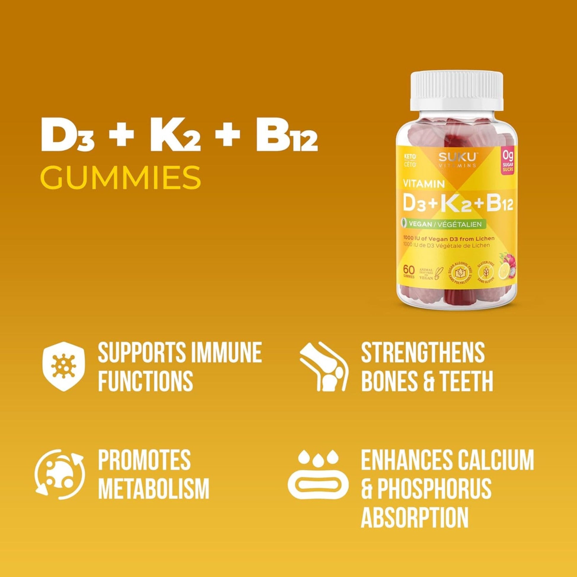 60 Gummies Dragonfruit and Lemon | SUKU Vitamins Vitamin D3 Plus K2 Plus B12