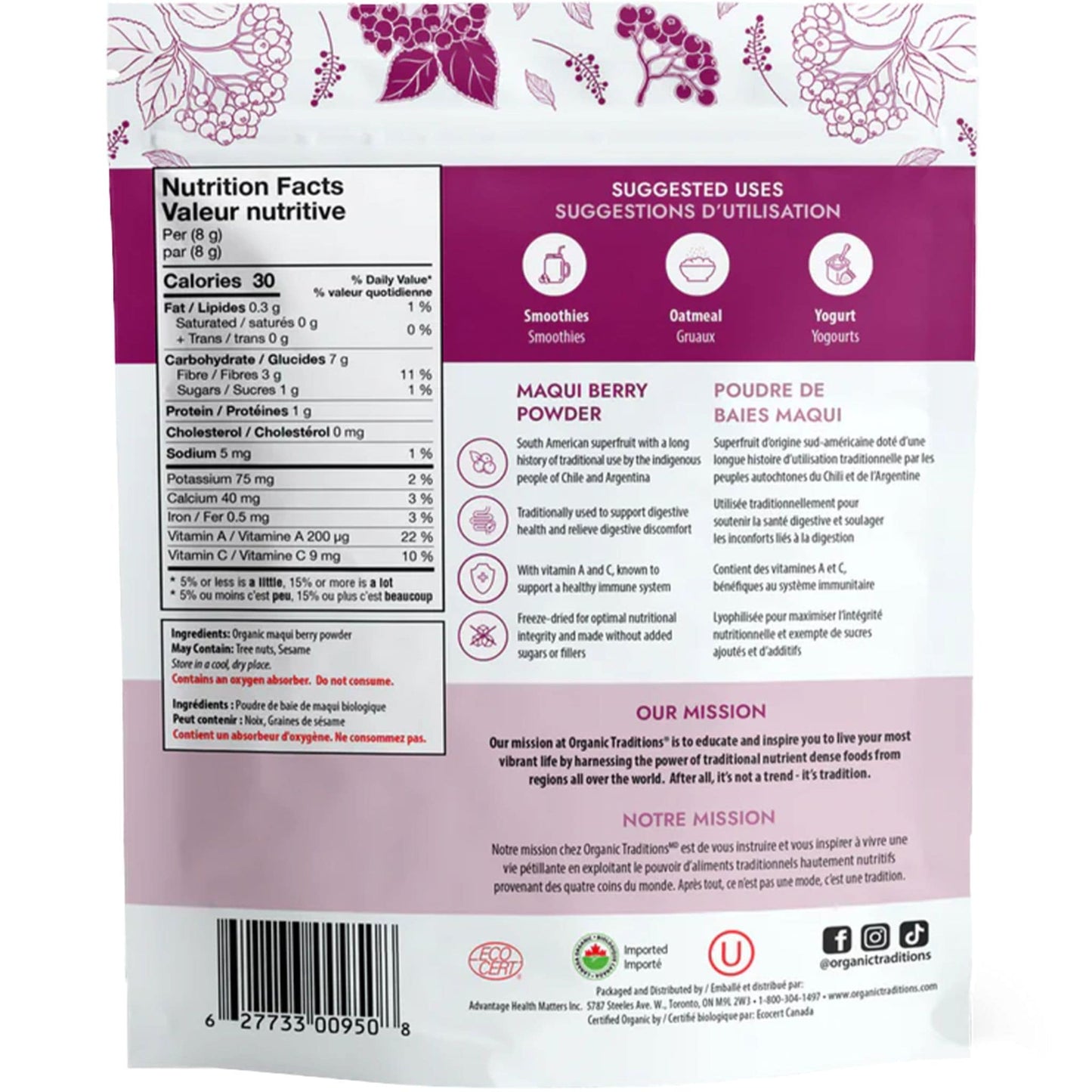 100g | Organic Traditions Maqui Berry Powder 3.5oz // Back Information