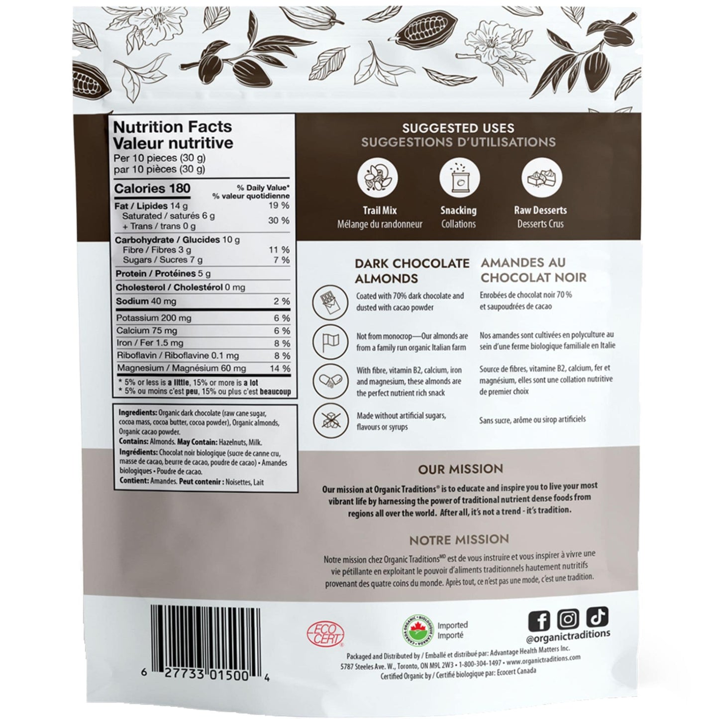 100g | Organic Traditions Dark Chocolate Covered Almonds 3.5oz // Nutrition Label