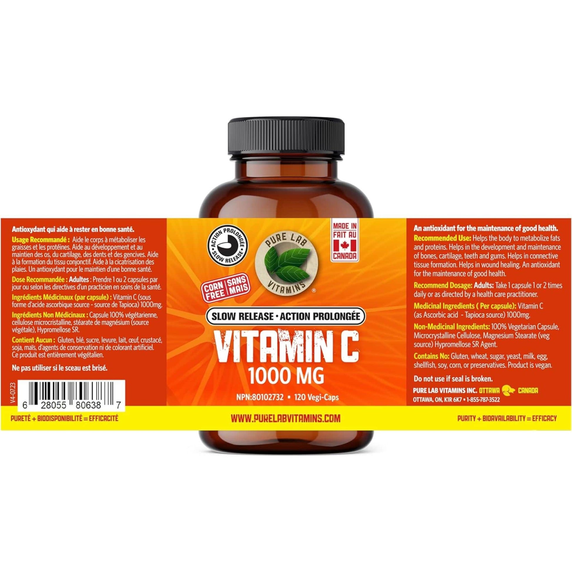 120 Vegetable Capsules | Pure Lab Vitamins Vitamin C 1000 MG Slow Release Nutrition Label