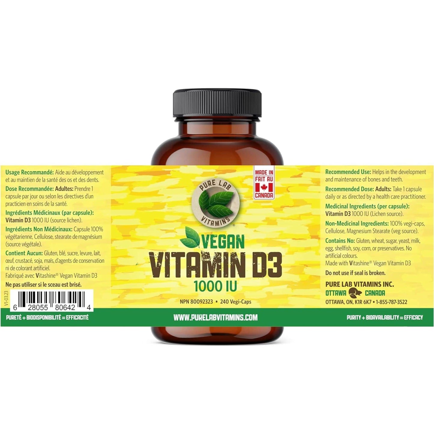 240 Vegetable Capsules | Pure Lab Vitamins Vegan Vitamin D3 1000 IU Nutrition Label