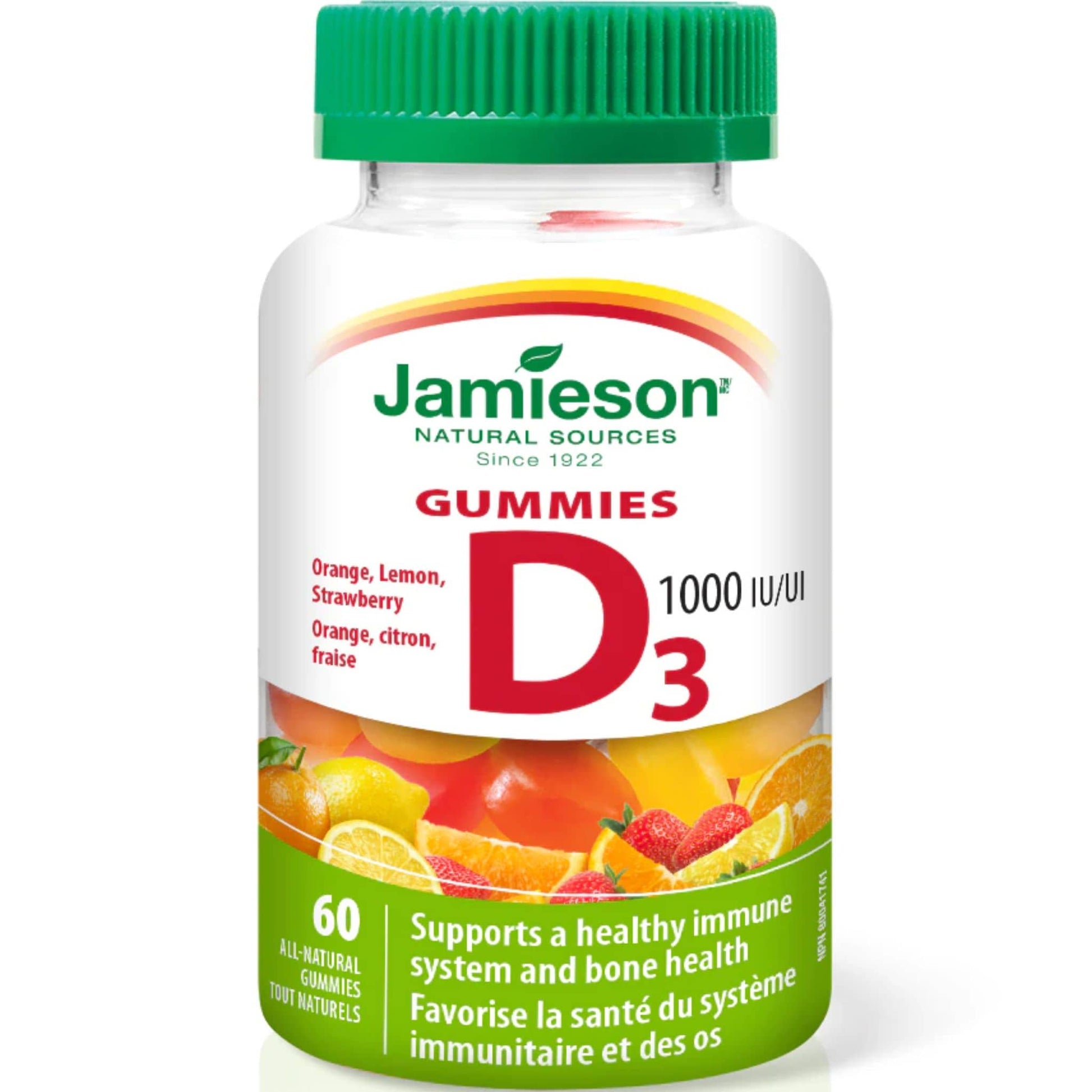 Orange, Lemon, Strawberry, 60 Gummies | Jamieson Gummies Vitamin D3 1,000 UI/UI Bottle // orange, lemon, strawberry flavour