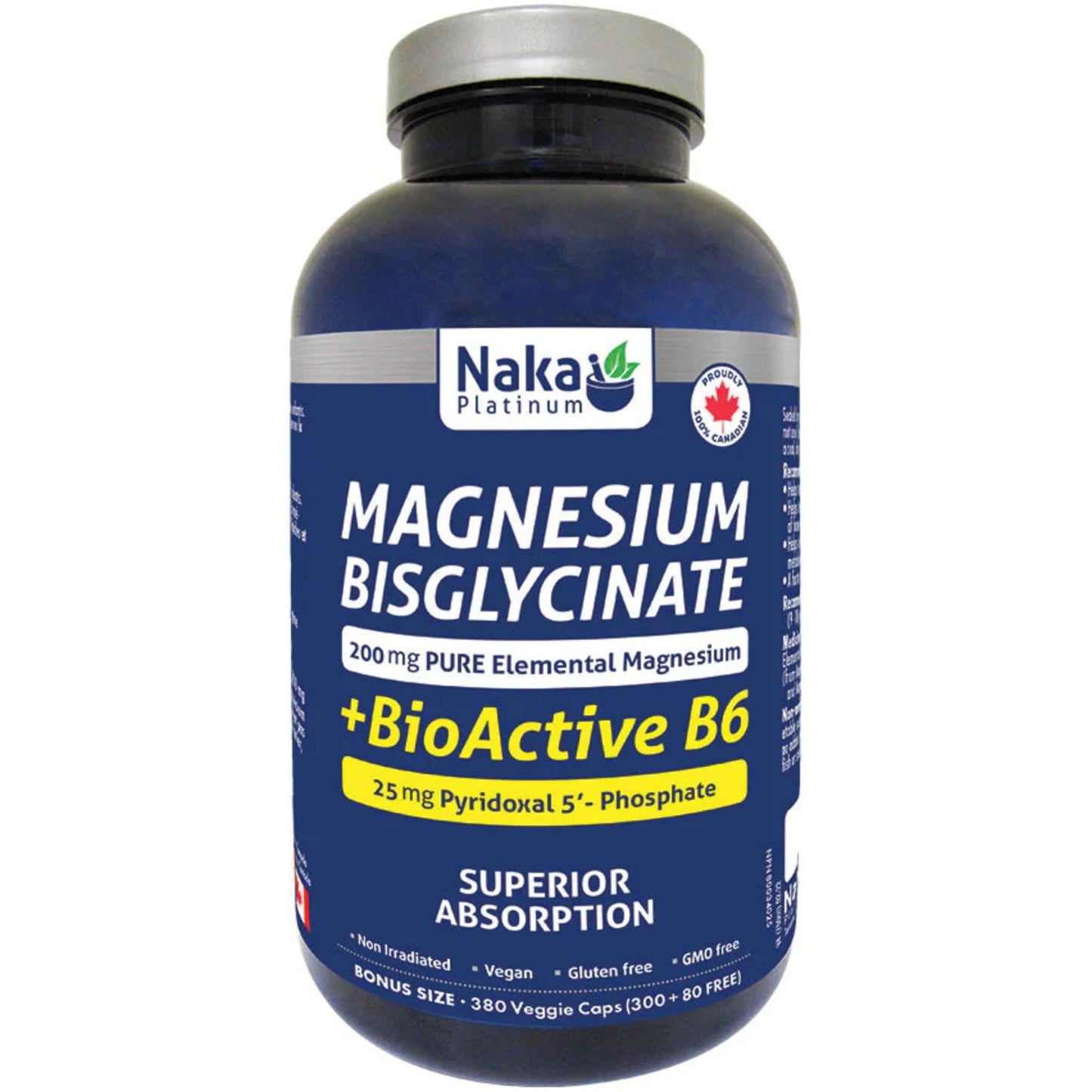 Bonus Size, 300+80 Veggie Capsules | Naka Platinum Magnesium Bisglycinate 200 mg + BioActive B6