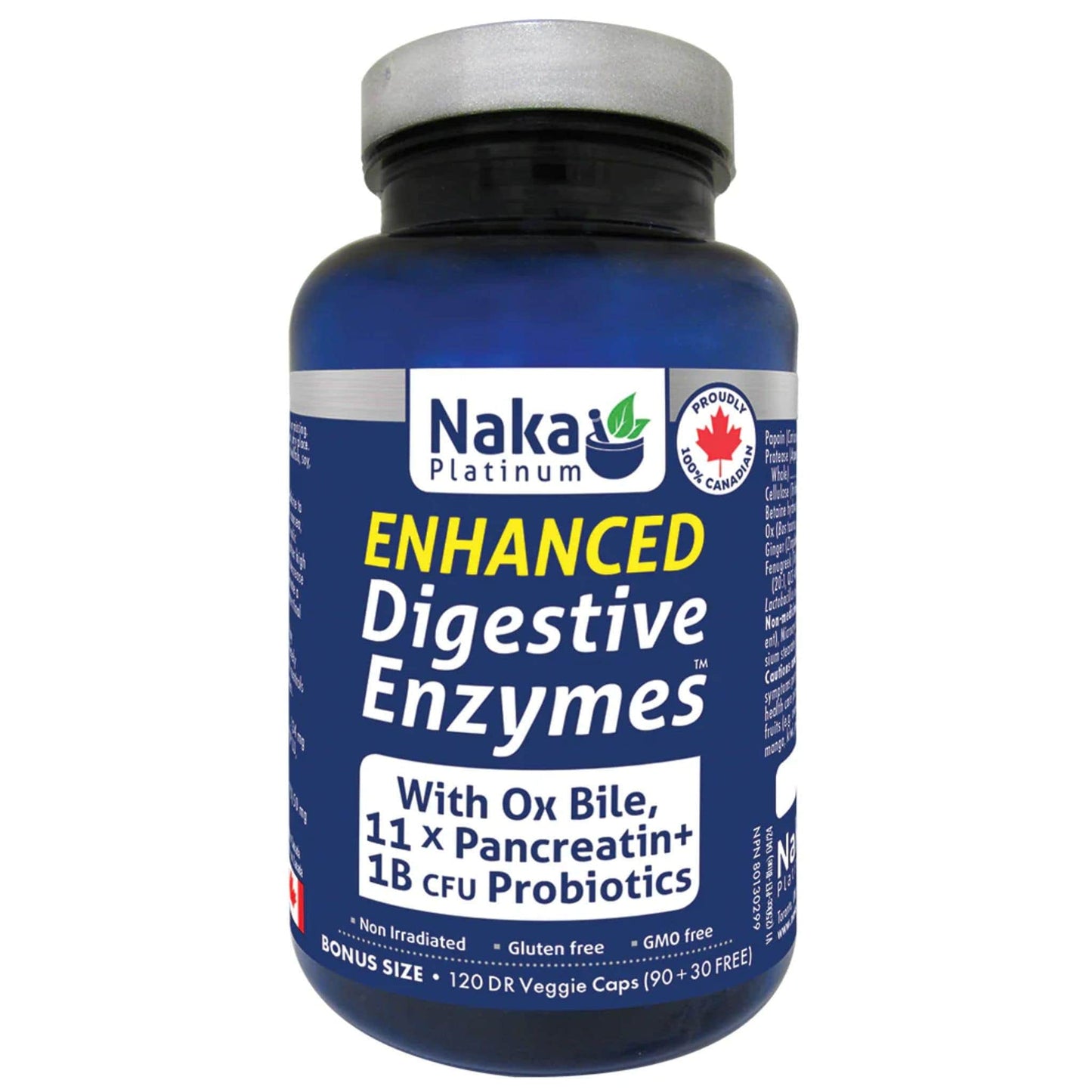 Naka Platinum Enhanced Digestive Enzymes with Ox Bile, 11x Pancreatuc and 1B CFU Probiotics, Shelf Stable, 120 Delayed Release Vegetable Capsules