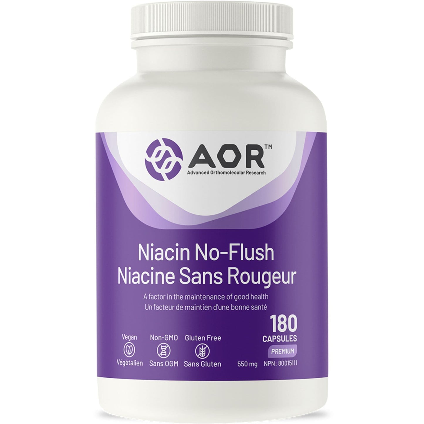 180 Capsules | AOR Niacin No-Flush 550 mg