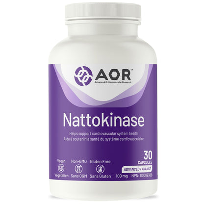 AOR Nattokinase 100mg, Fermented Whole Food Enzyme for Cardiovascular Health, 30-60 Vegetable Capsules