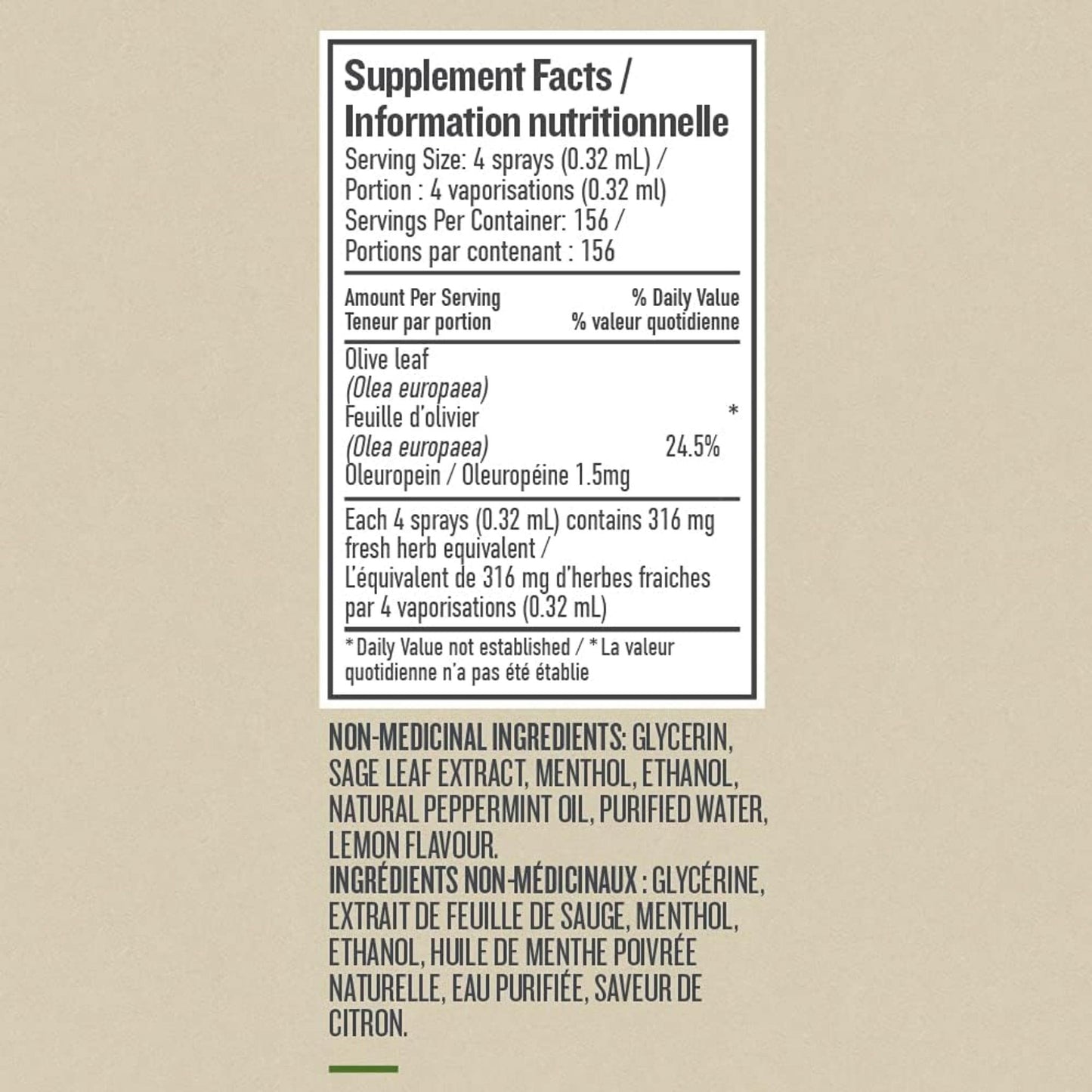 Peppermint 30 mL | Botanica Olive Leaf Throat Spray // supplement facts