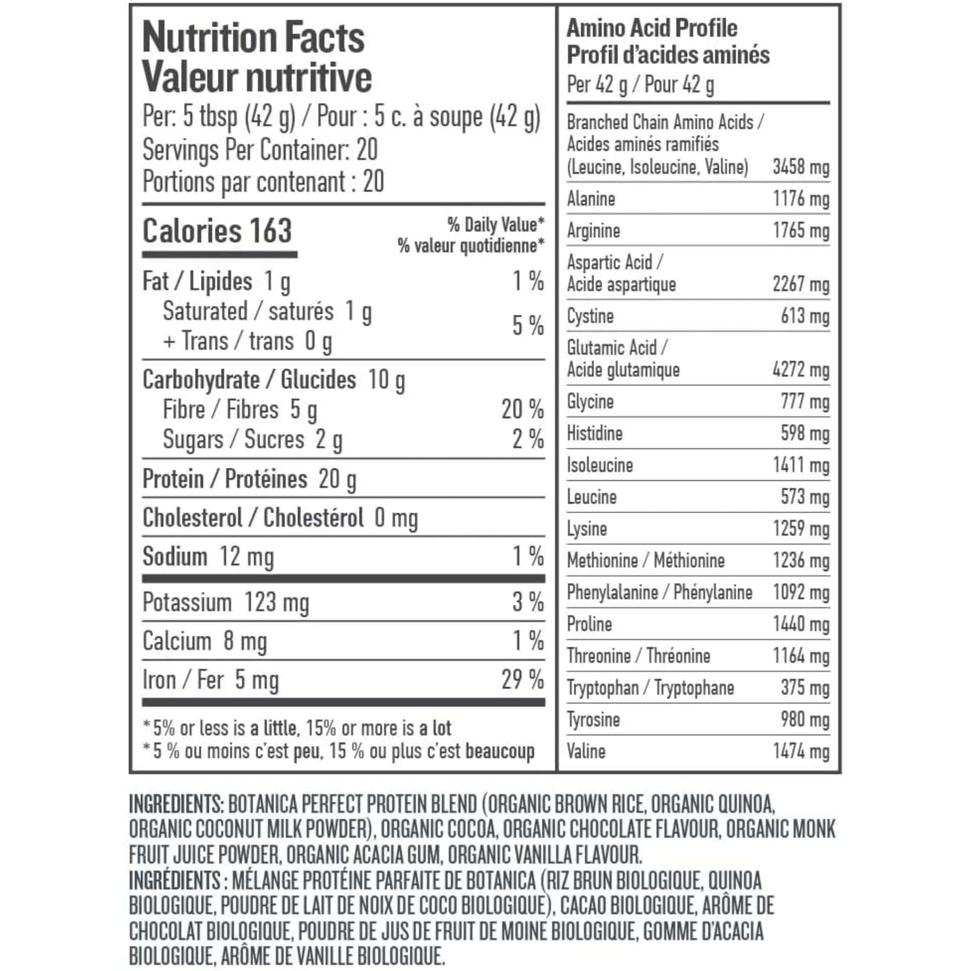 Chocolate 840g | Botanica Organic Perfect Protein // nutrition facts