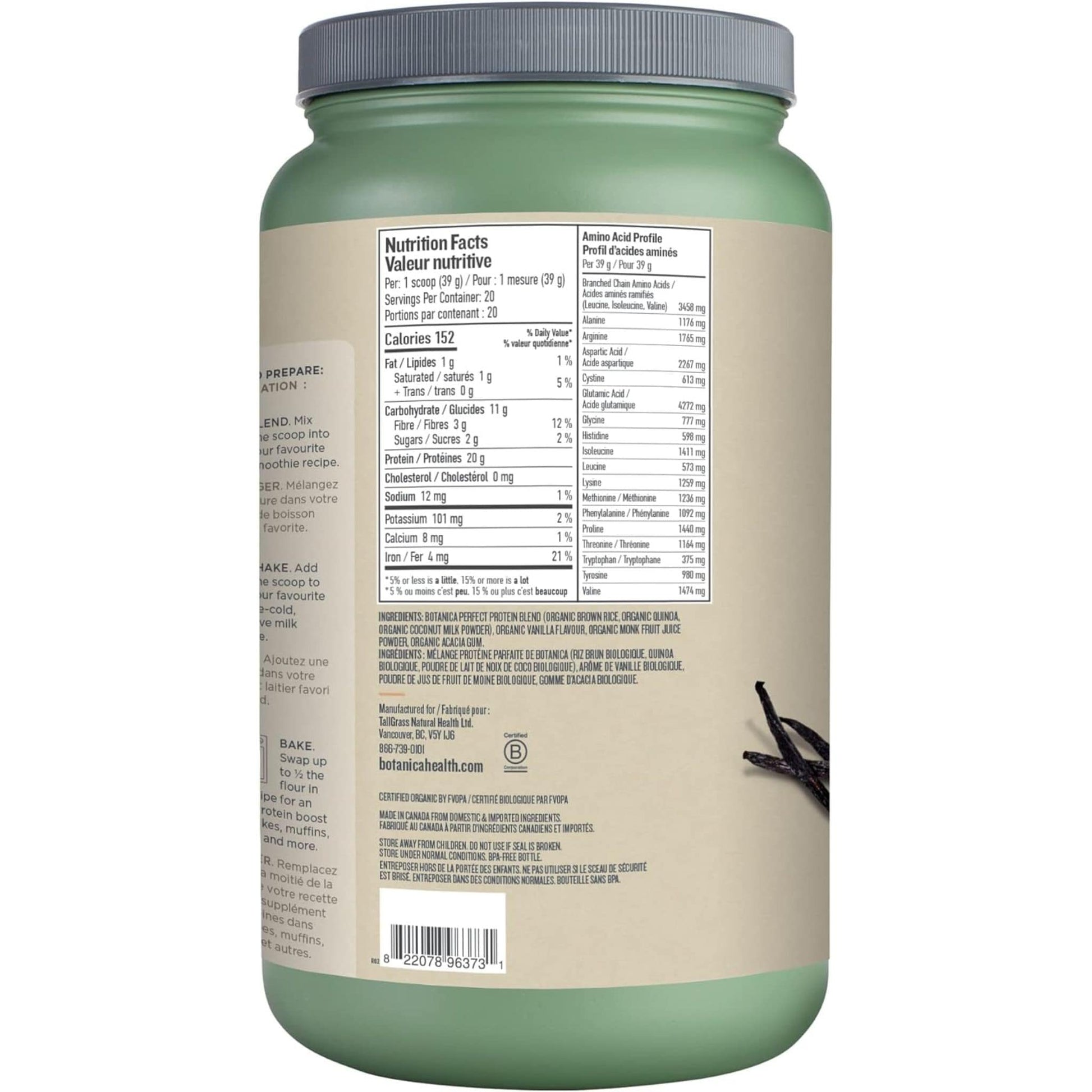 Vanilla 780g | Botanica Organic Perfect Protein // back shot