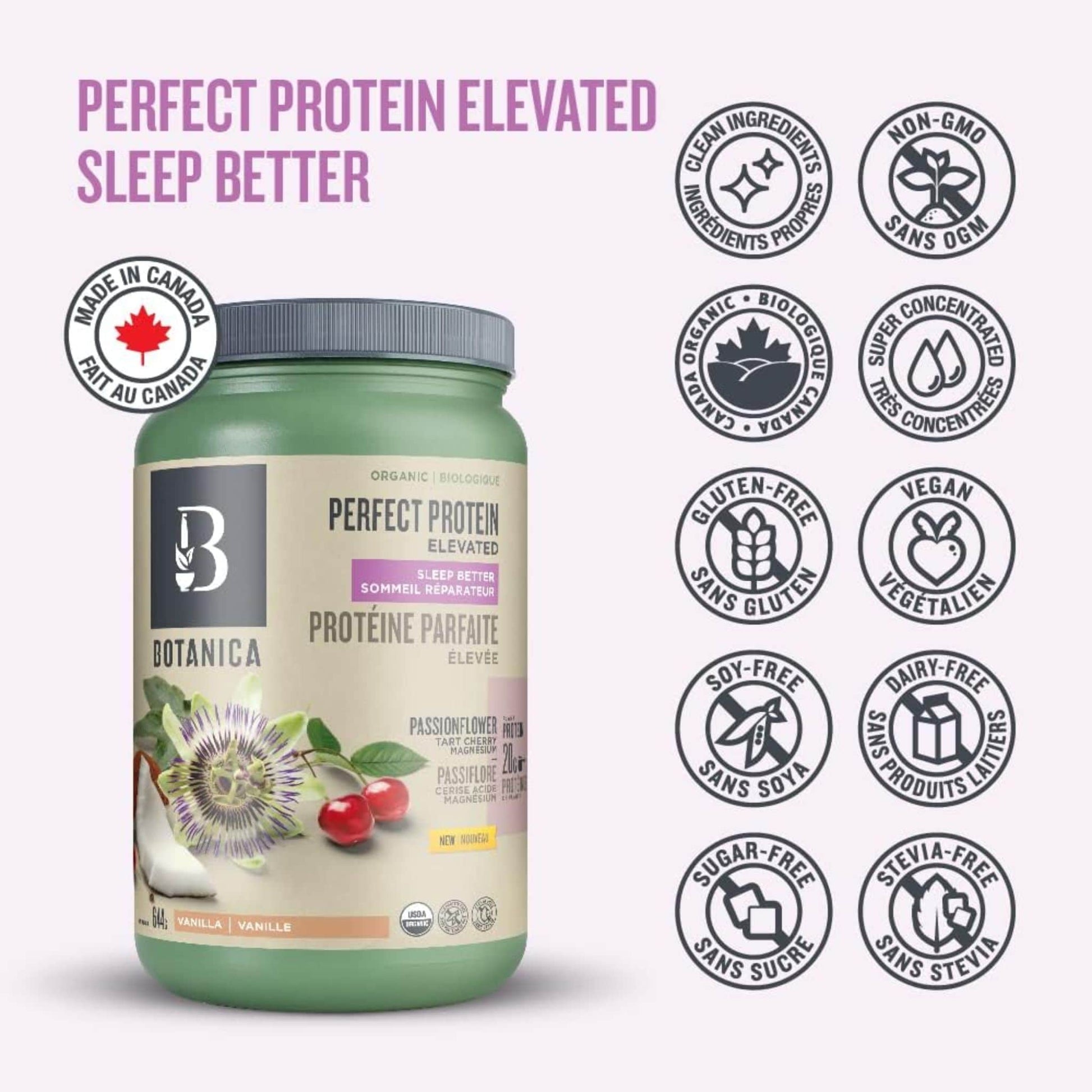 Vanilla 644g | Botanica Organic Perfect Protein Elevated Sleep Better // qualifications