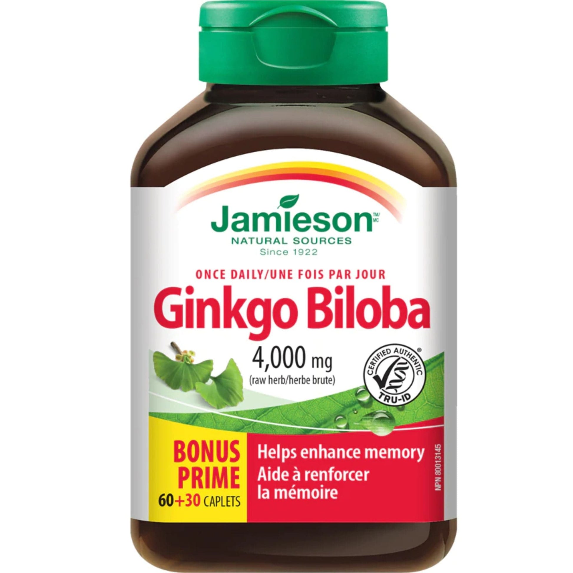 Bonus, 60+30 Caplets | Jamieson Ginkgo Biloba 4,000 mg Once Daily