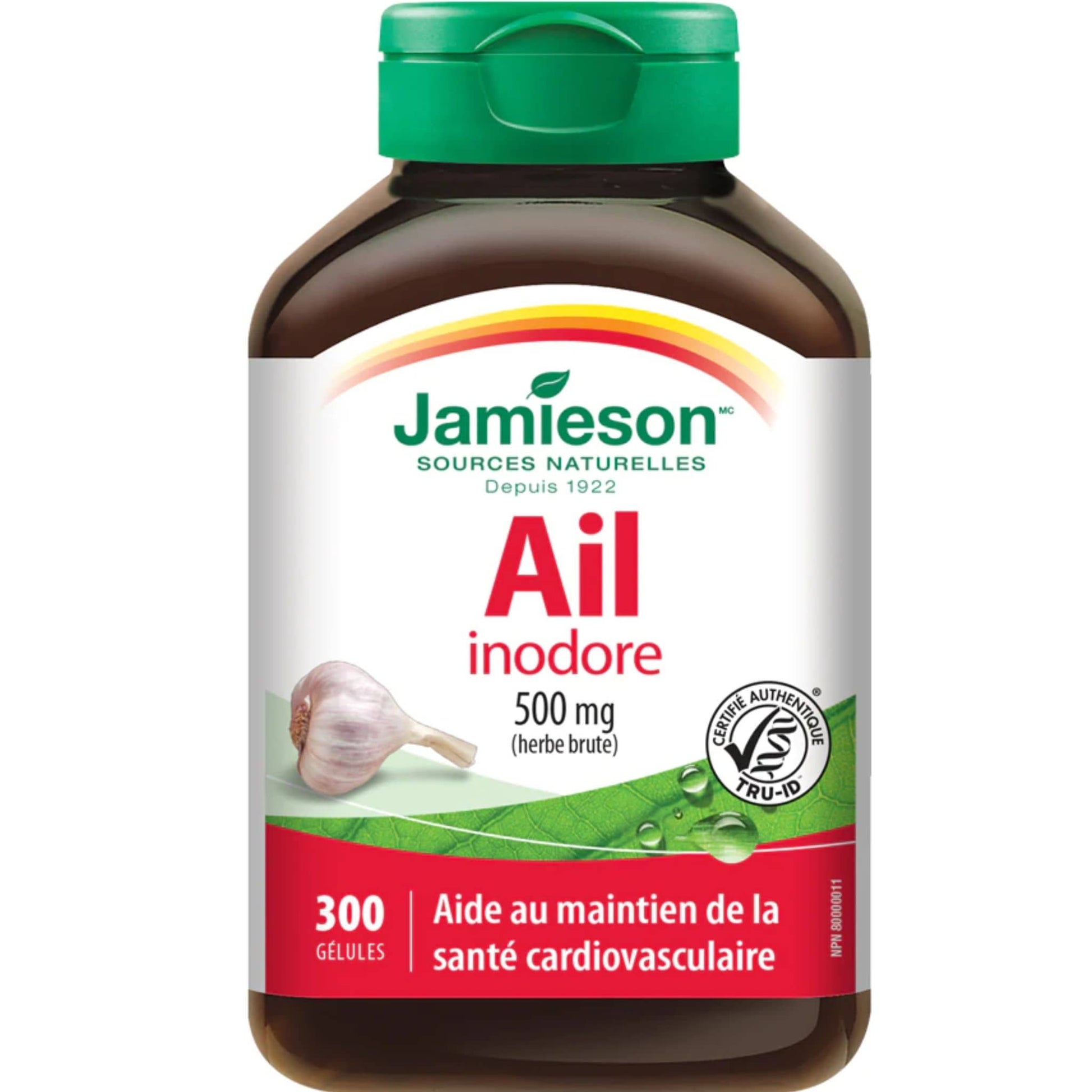 300 Softgels | Jamieson Odourless Garlic 500 mg // french bottle