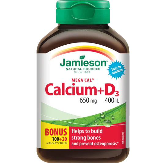 Bonus, 100+20 Caplets | Jamieson Calcium 650 mg + Vitamin D3 400 IU, Mega Cal