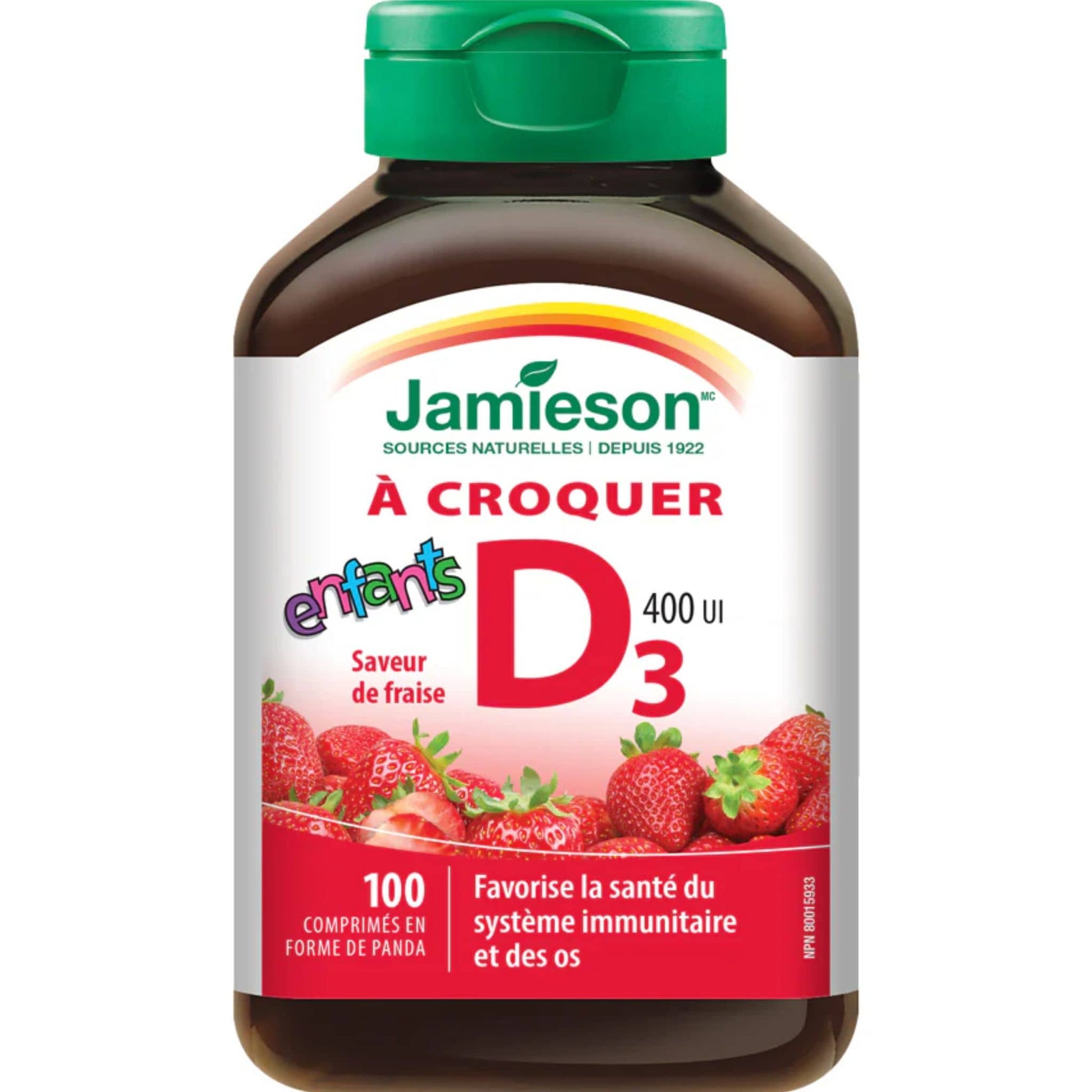 Strawberry, 100 Panda-Shaped Tablets | Jamieson Chewable Vitamin D3 400 IU for Kids // french bottle 