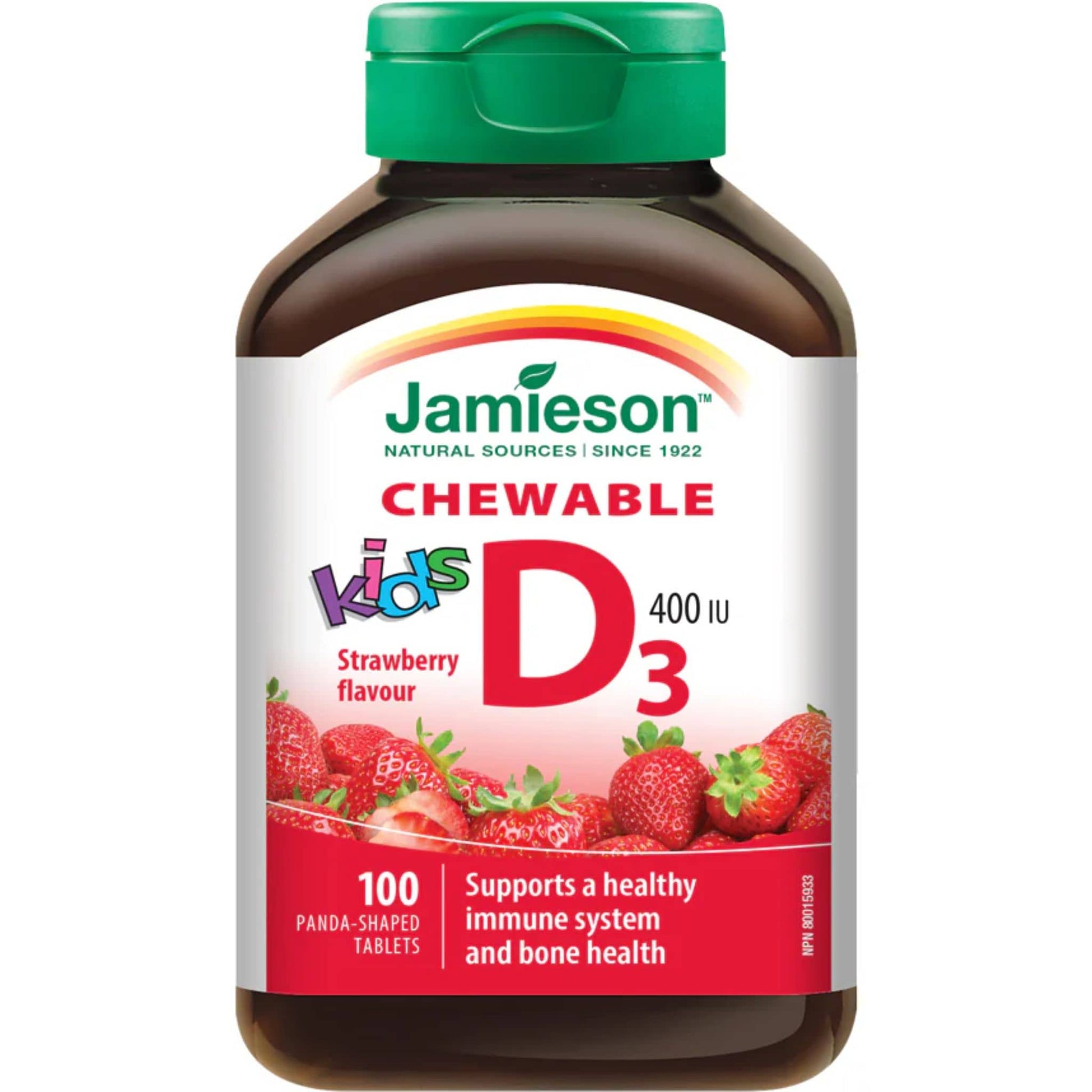 Strawberry, 100 Panda-Shaped Tablets | Jamieson Chewable Vitamin D3 400 IU for Kids // strawberry flavour