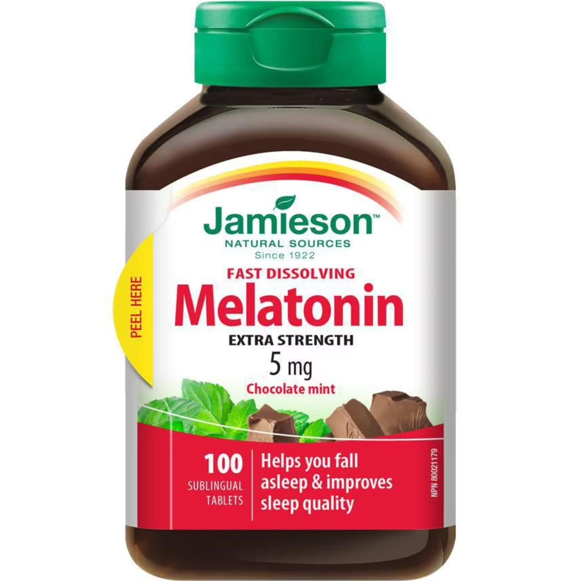 Chocolate Mint, 100 Sublingual Tablets | Jamieson Melatonin 5 mg, Extra Strength, Fast Dissolving // Bottle