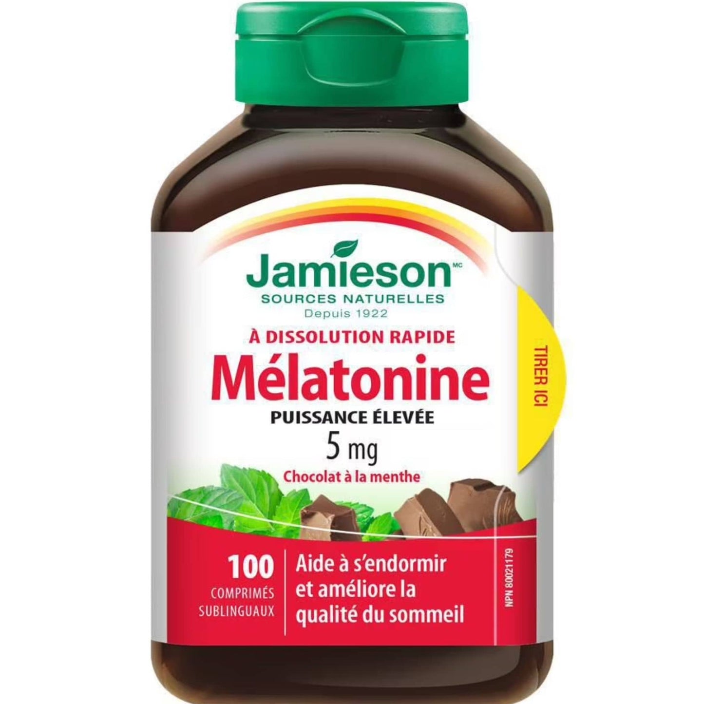 Chocolate Mint, 100 Sublingual Tablets | Jamieson Melatonin 5 mg, Extra Strength, Fast Dissolving // French Bottle