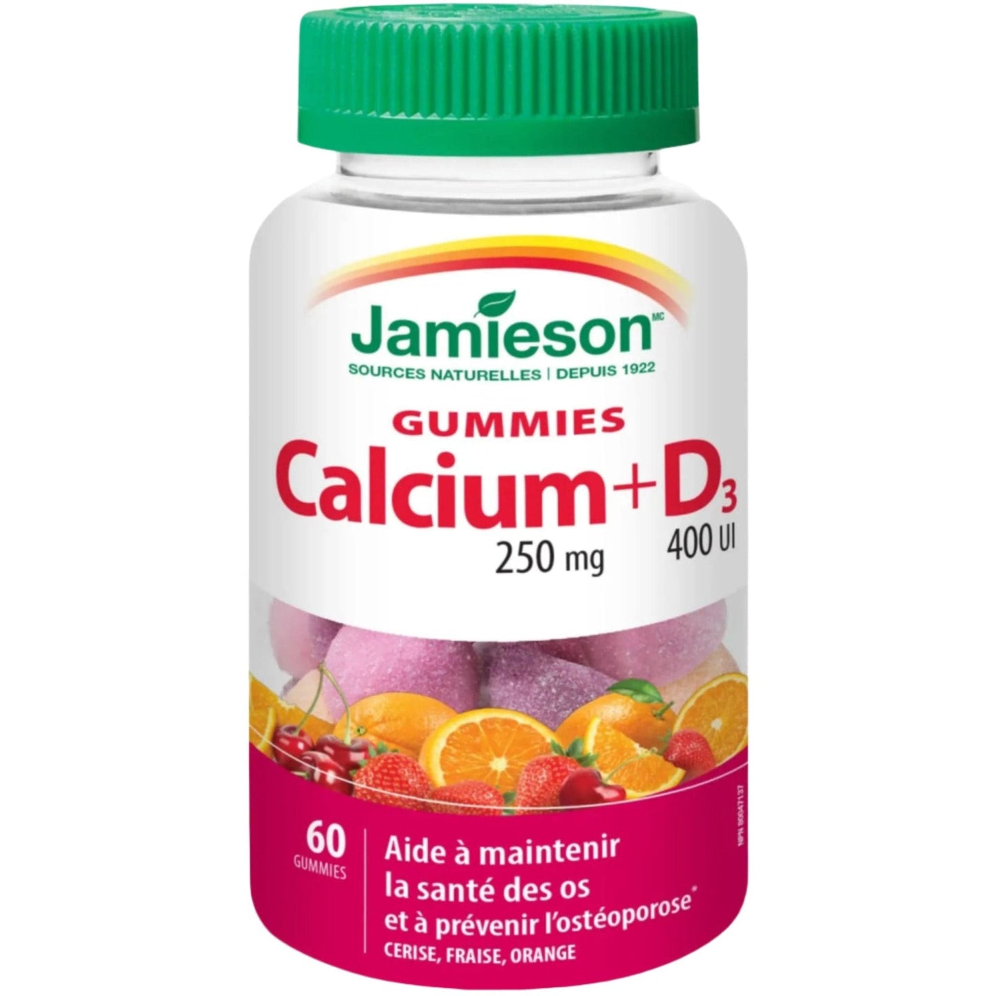 Cherry, Strawberry, Orange, 60 Gummies | Jamieson Gummies Calcium 250 mg + Vitamin D3 400 IU // french bottle