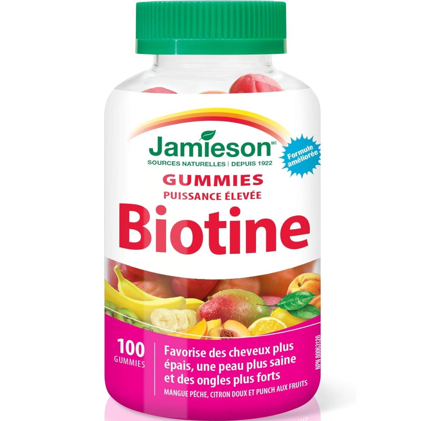 Mango Peach, Sweet Lemon & Fruit Punch, 100 Gummies | Jamieson High Potency Biotin Gummies // French Bottle