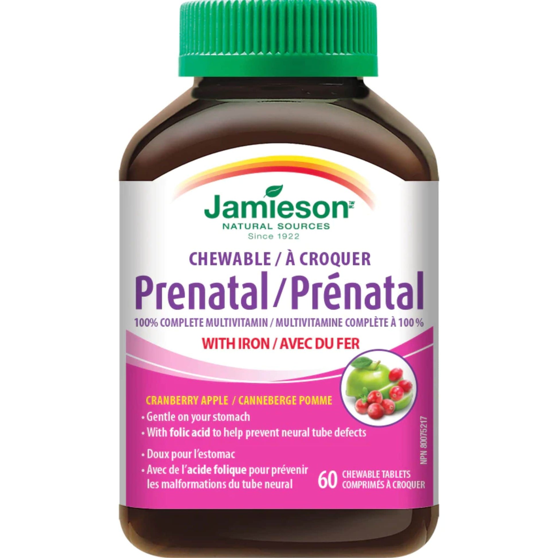 Cranberry Apple, 60 Chewable Tablets | Jamieson Chewable Prenatal 100% Complete Multivitamin with Iron // cranberry apple flavour