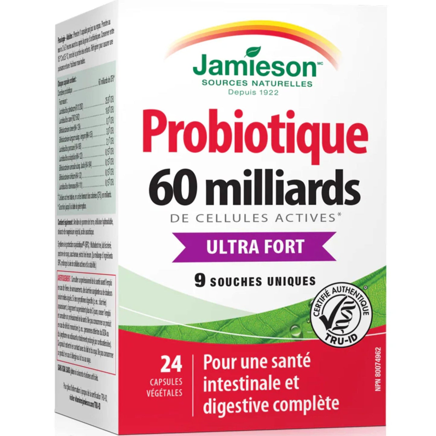 24 Vegetarian Capsules | Jamieson Probiotic Ultra Strength, 60 Billion Active Cells 9 Unique Strains French