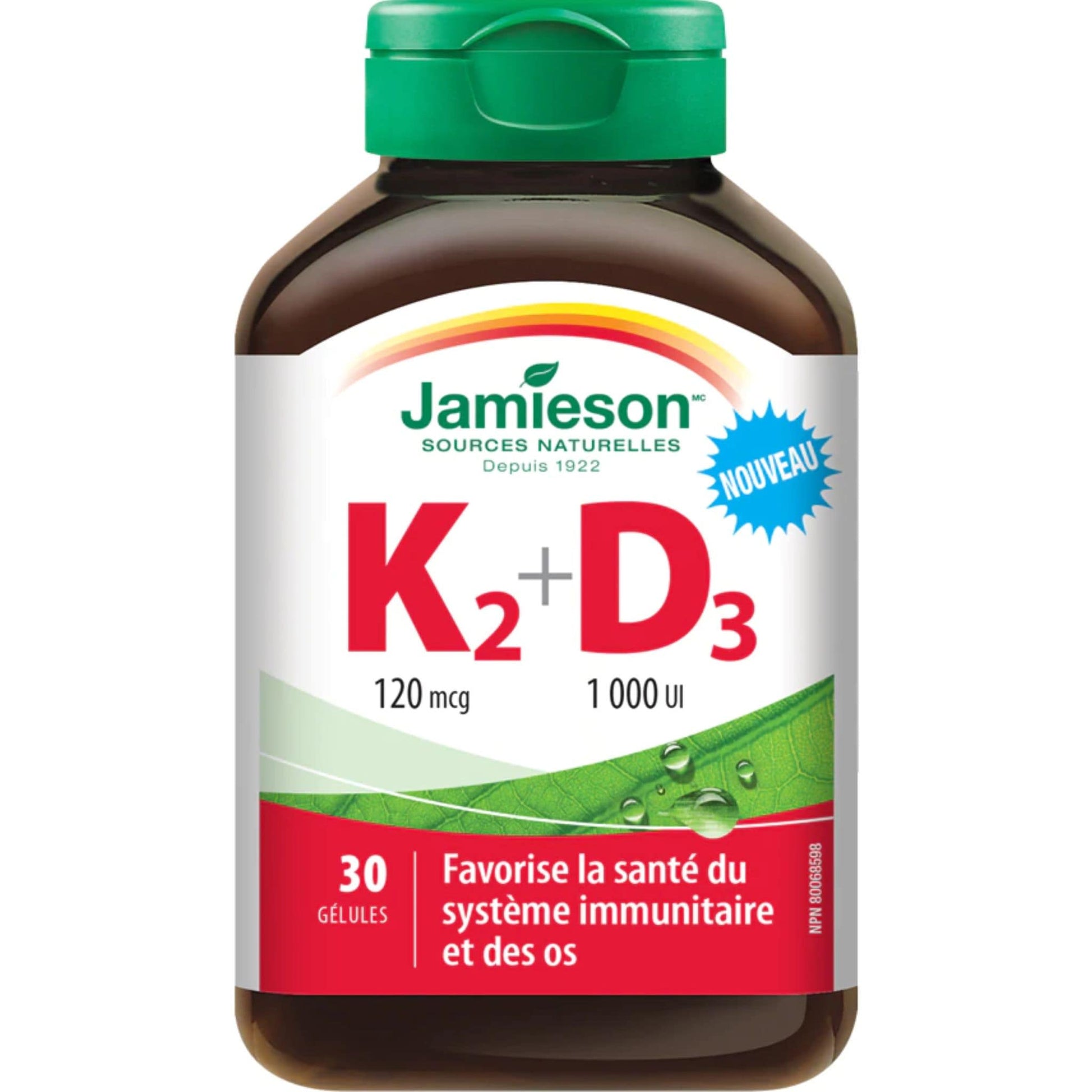 30 Softgels | Jamieson Vitamin K2 120 mcg + Vitamin D3 1,000 IU // French Bottle