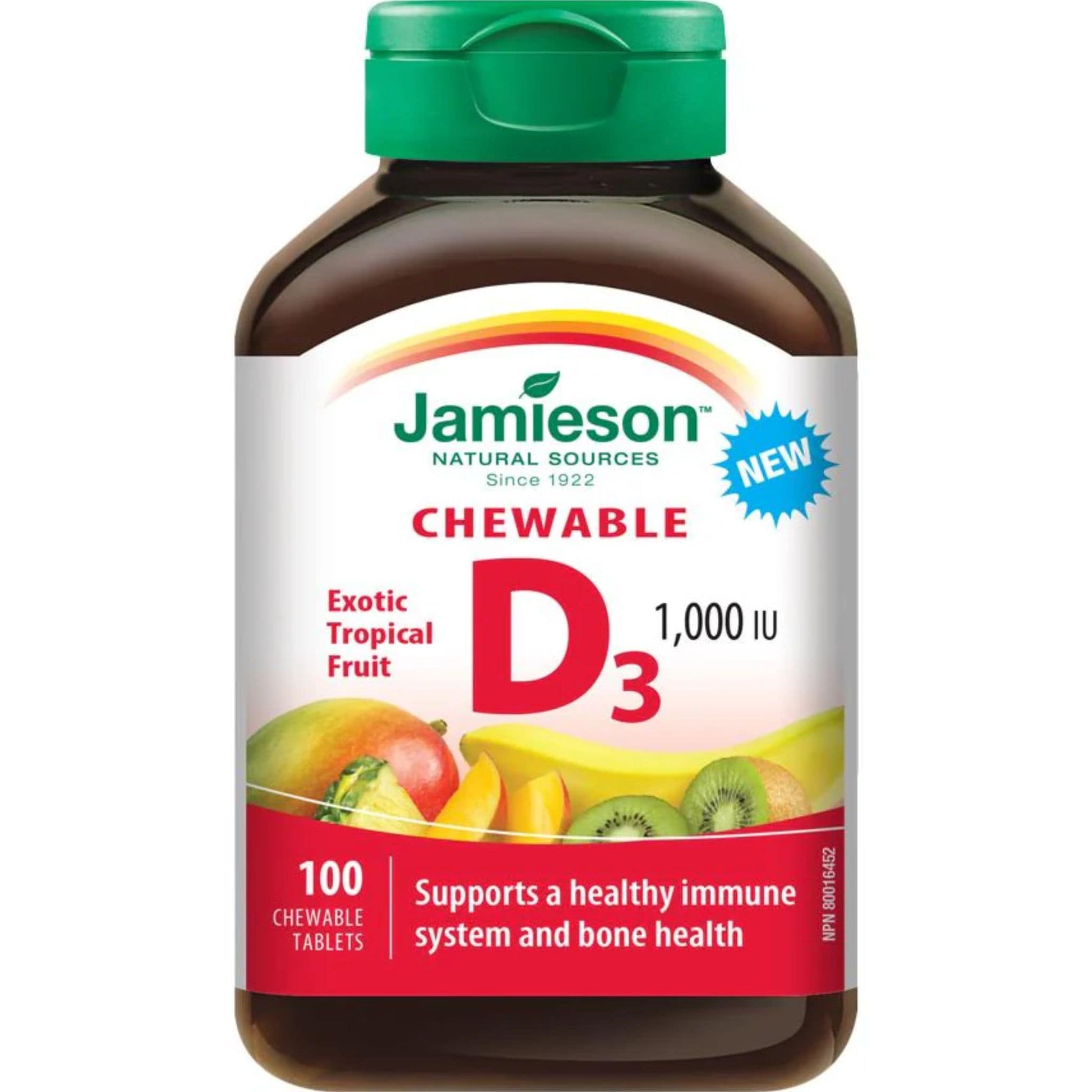 Tropical Fruit, 100 Chewable Tablets | Jamieson Chewable Vitamin D3 1,000 IU // tropical fruit flavour