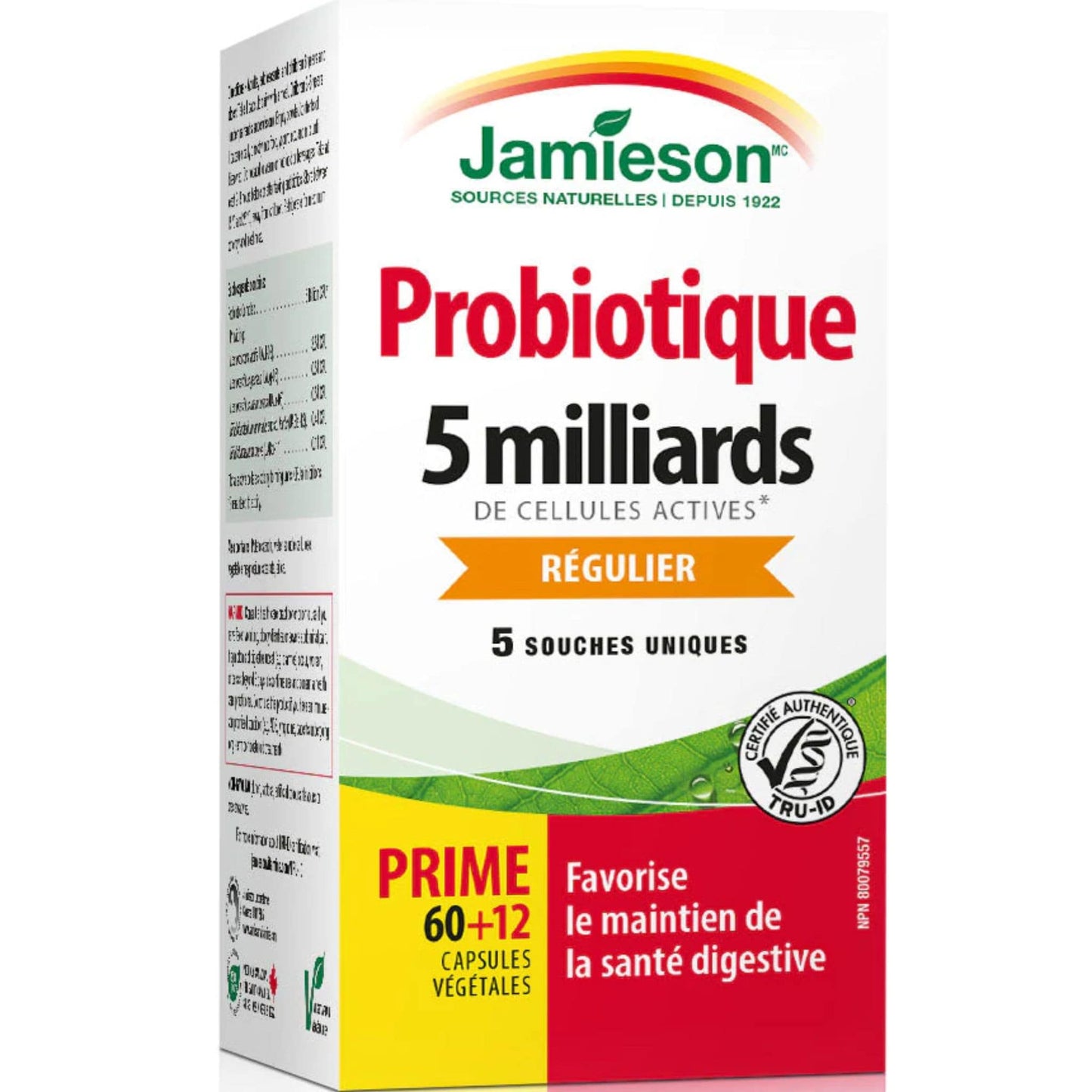 Bonus, 60+12 Vegetarian Capsules | Jamieson Probiotic Regular Strength, 5 Billion Active Cells, 5 Unique Strains // french