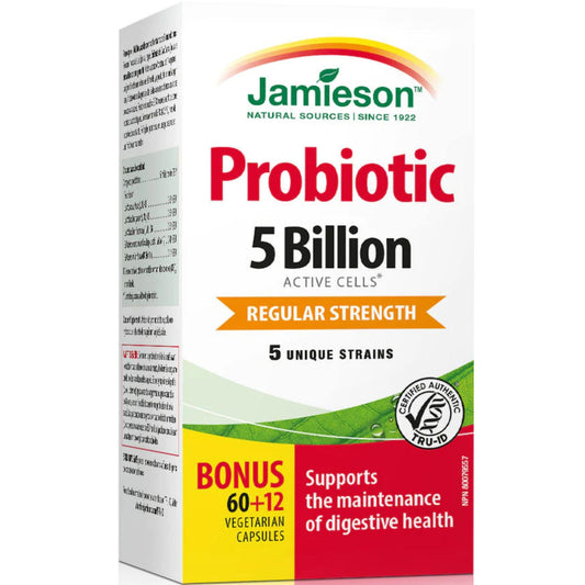 Bonus, 60+12 Vegetarian Capsules | Jamieson Probiotic Regular Strength, 5 Billion Active Cells, 5 Unique Strains