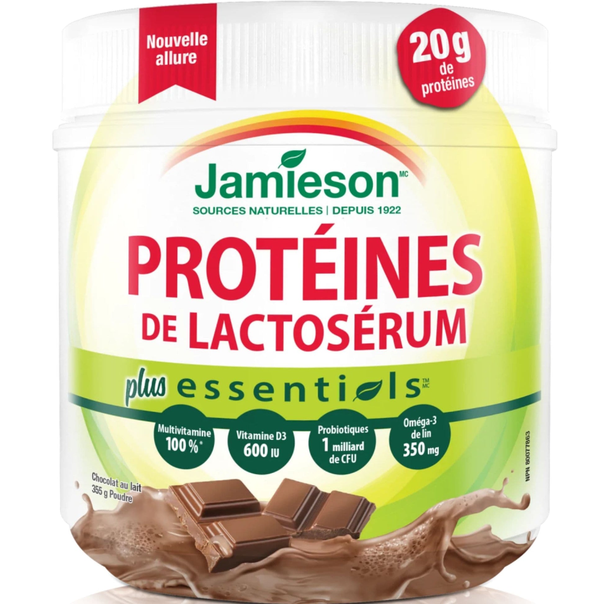 Milk Chocolate, 365gg | Jamieson Whey Protein Plus Essentials // french bottle