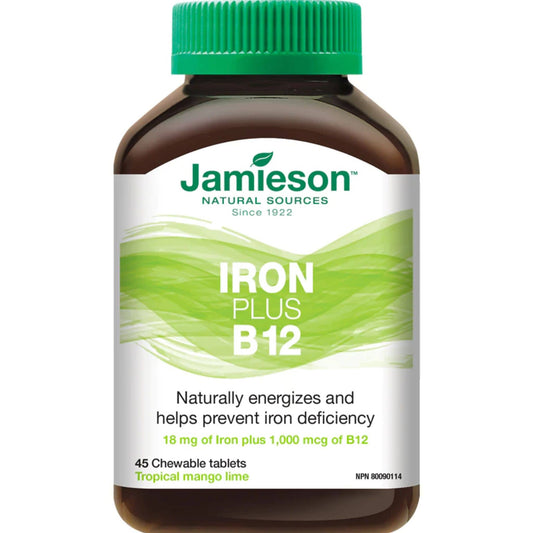 Tropical Mango Lime, 45 Chewable Tablets | Jamieson Iron Plus Vitamin B12 // tropical mango lime flavour