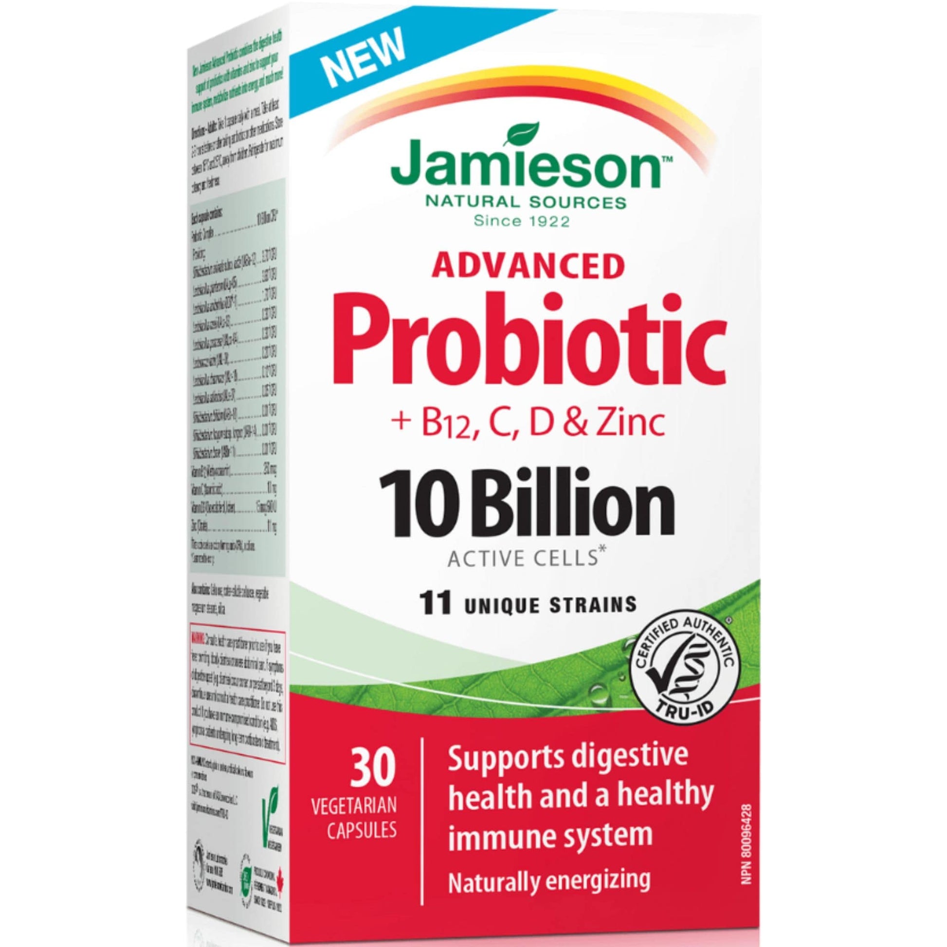 30 Vegetarian Capsules | Jamieson Advanced Probiotic + Vitamin B12, C, D and Zinc 10 Billion Active Cells, 11 Unique Strains